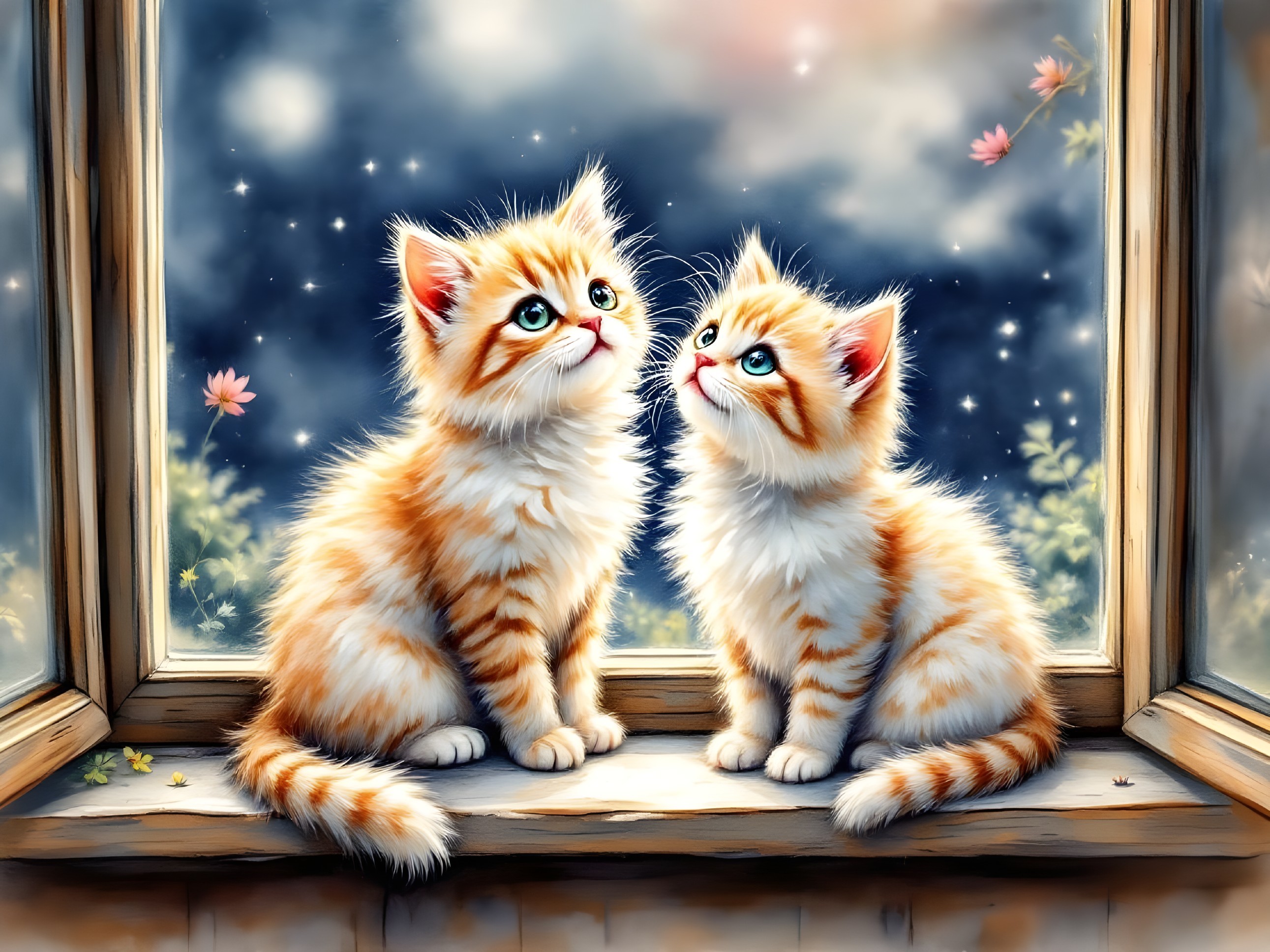 Fluffy Orange Tabby Kittens on a Windowsill at Night