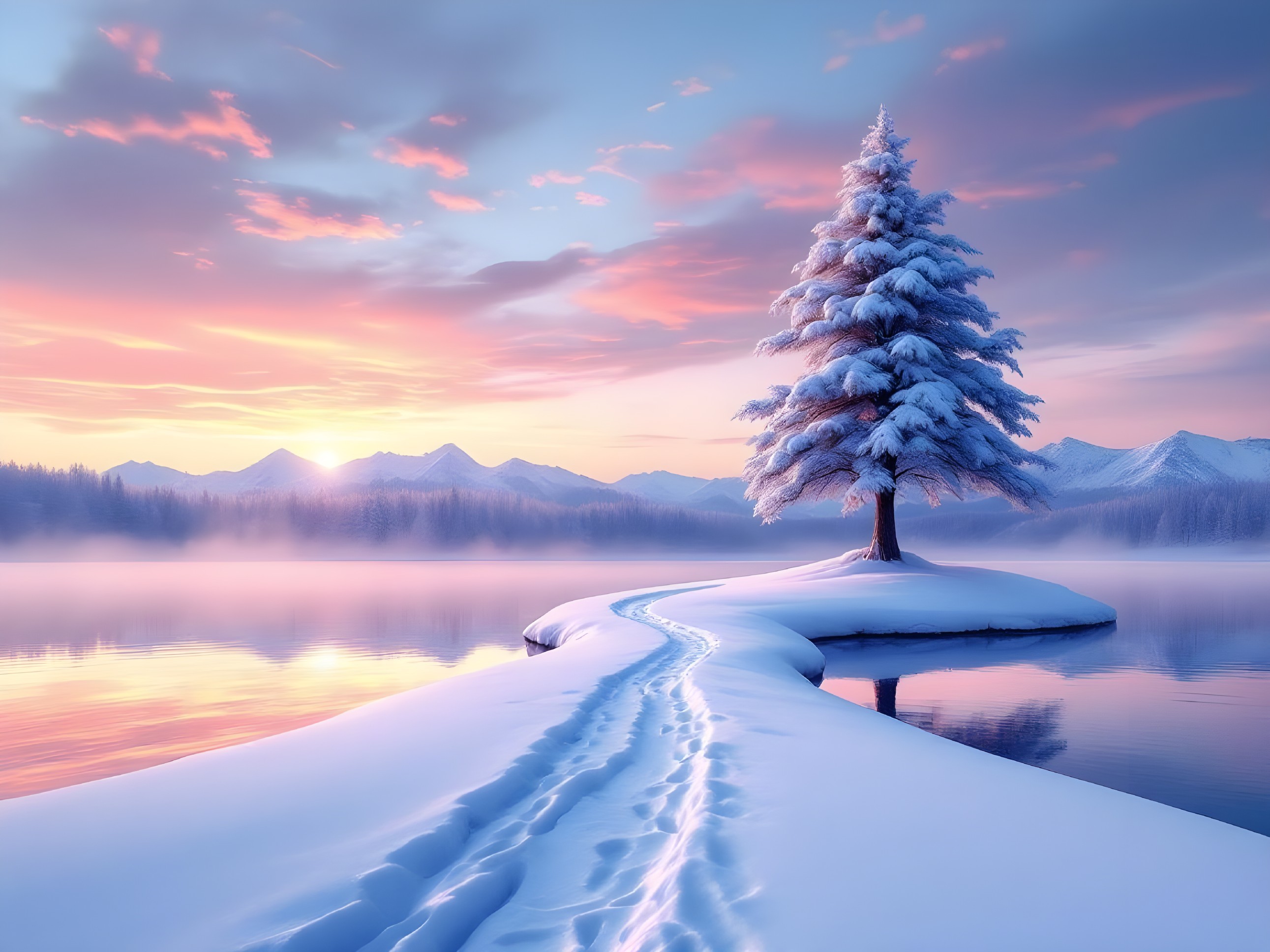 Serene Winter Landscape with Snow-Covered Tree