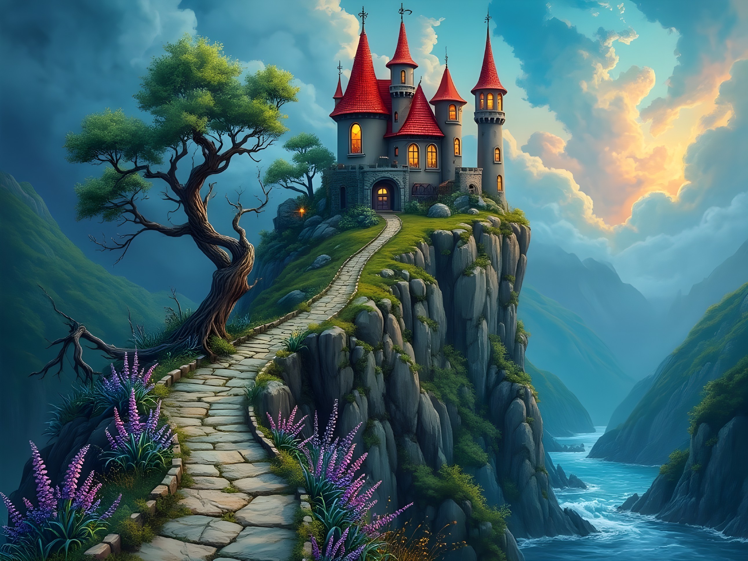Whimsical Castle Overlooking Serene River and Valleys