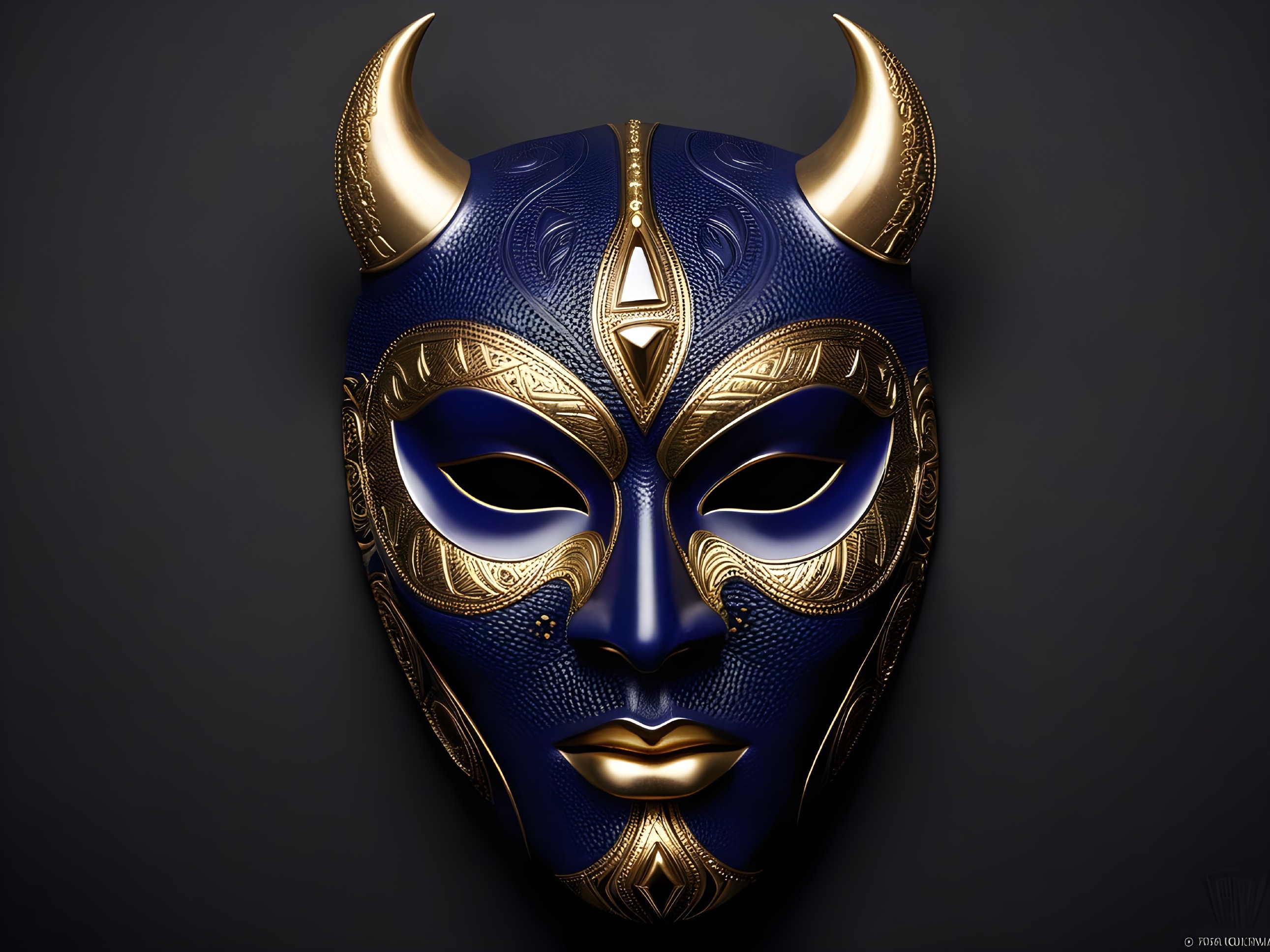 Ornate blue and gold mask with horn-like details