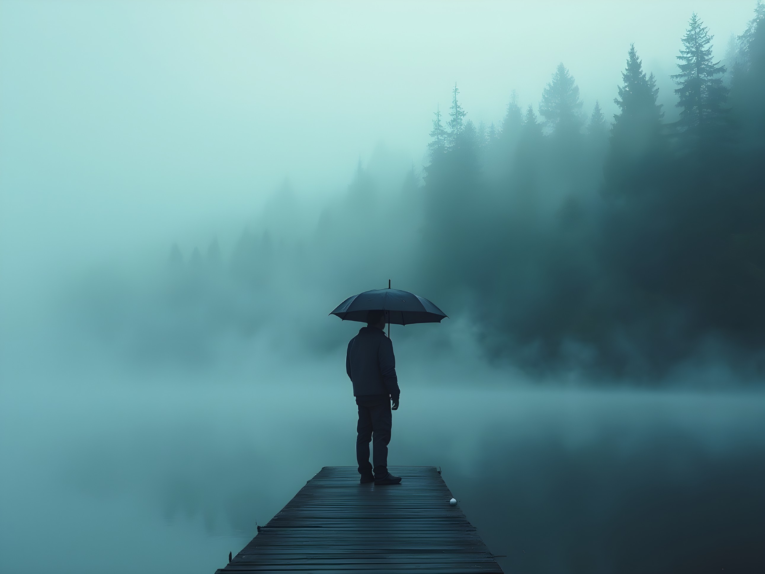 Solitary Figure on Pier in Foggy Nature Scene