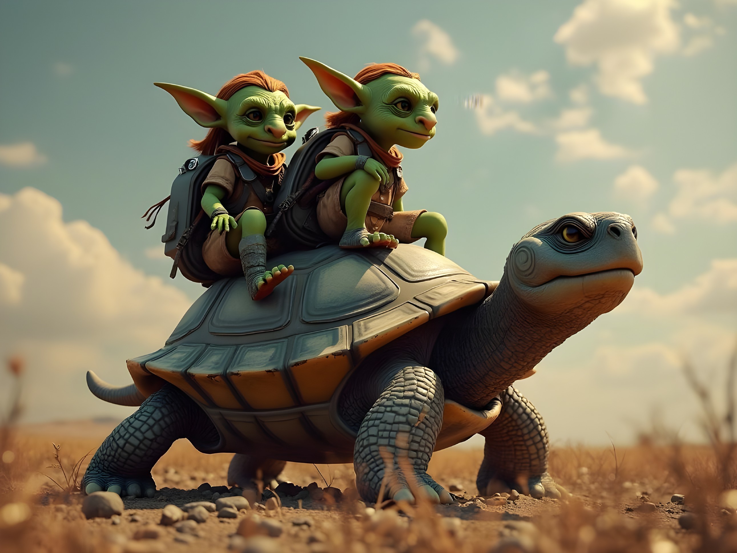 Whimsical Goblins Riding a Tortoise in Fantasy Landscape