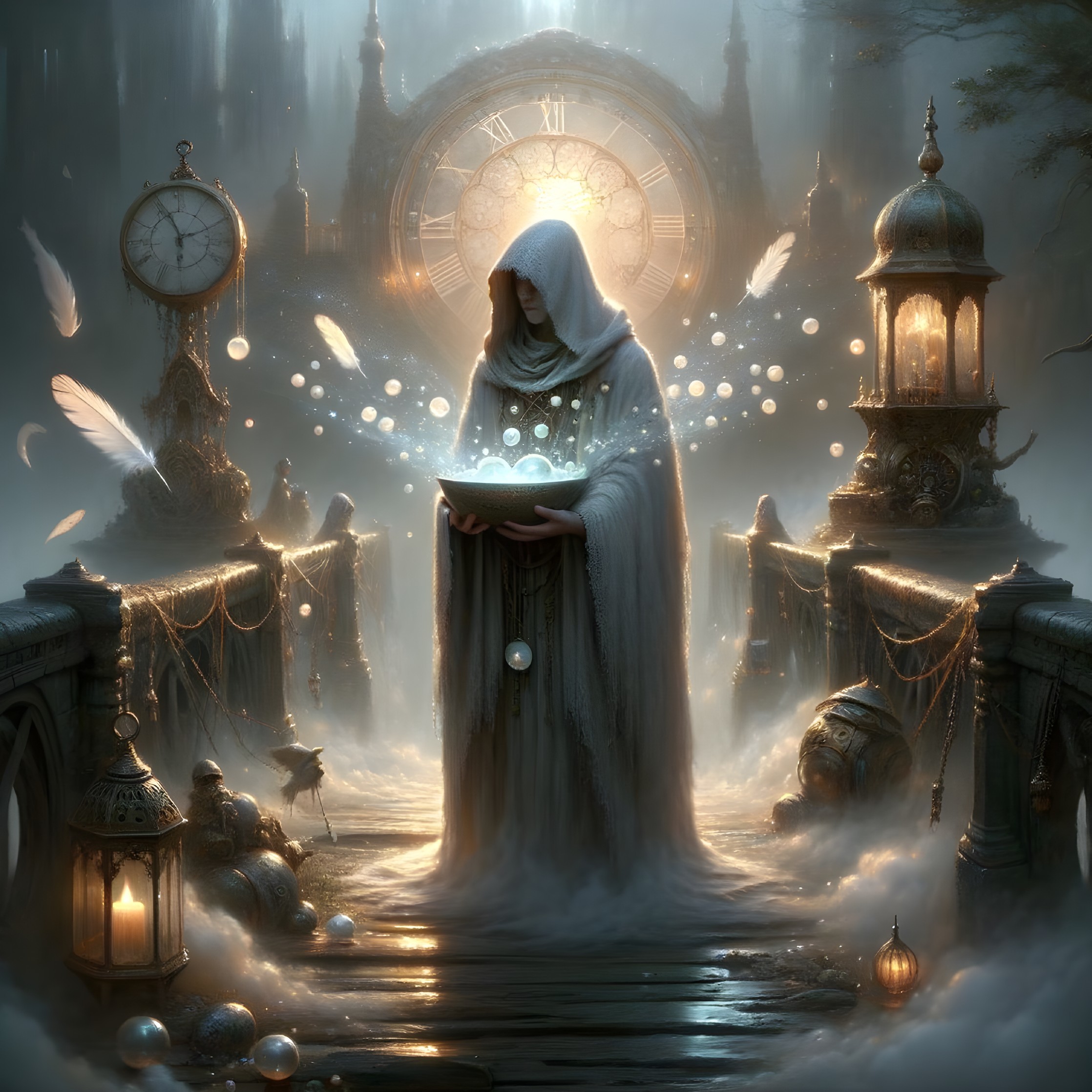 Cloaked Figure on Foggy Bridge with Glowing Bowl