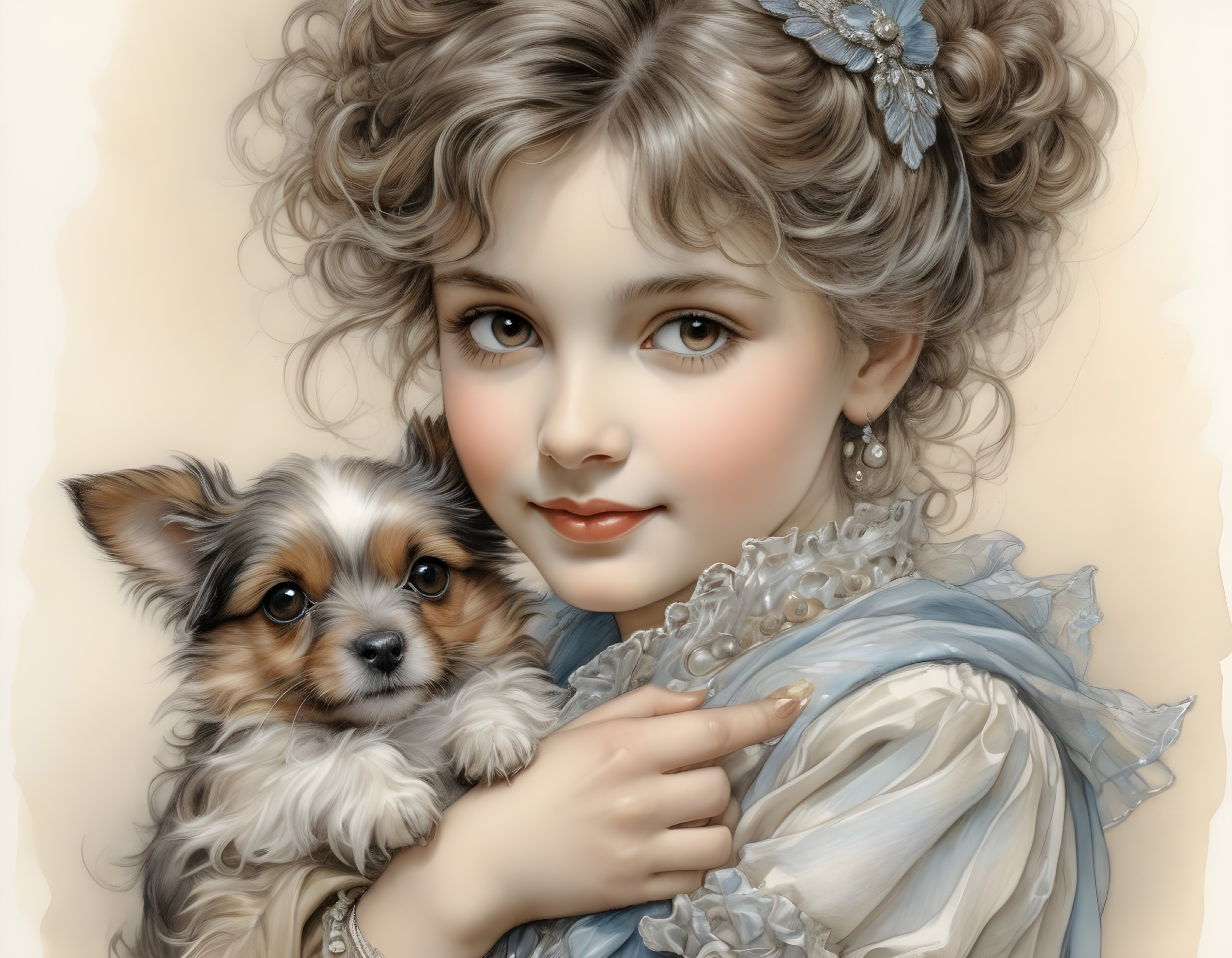 Young girl with puppy in pastel dress and blue accessory