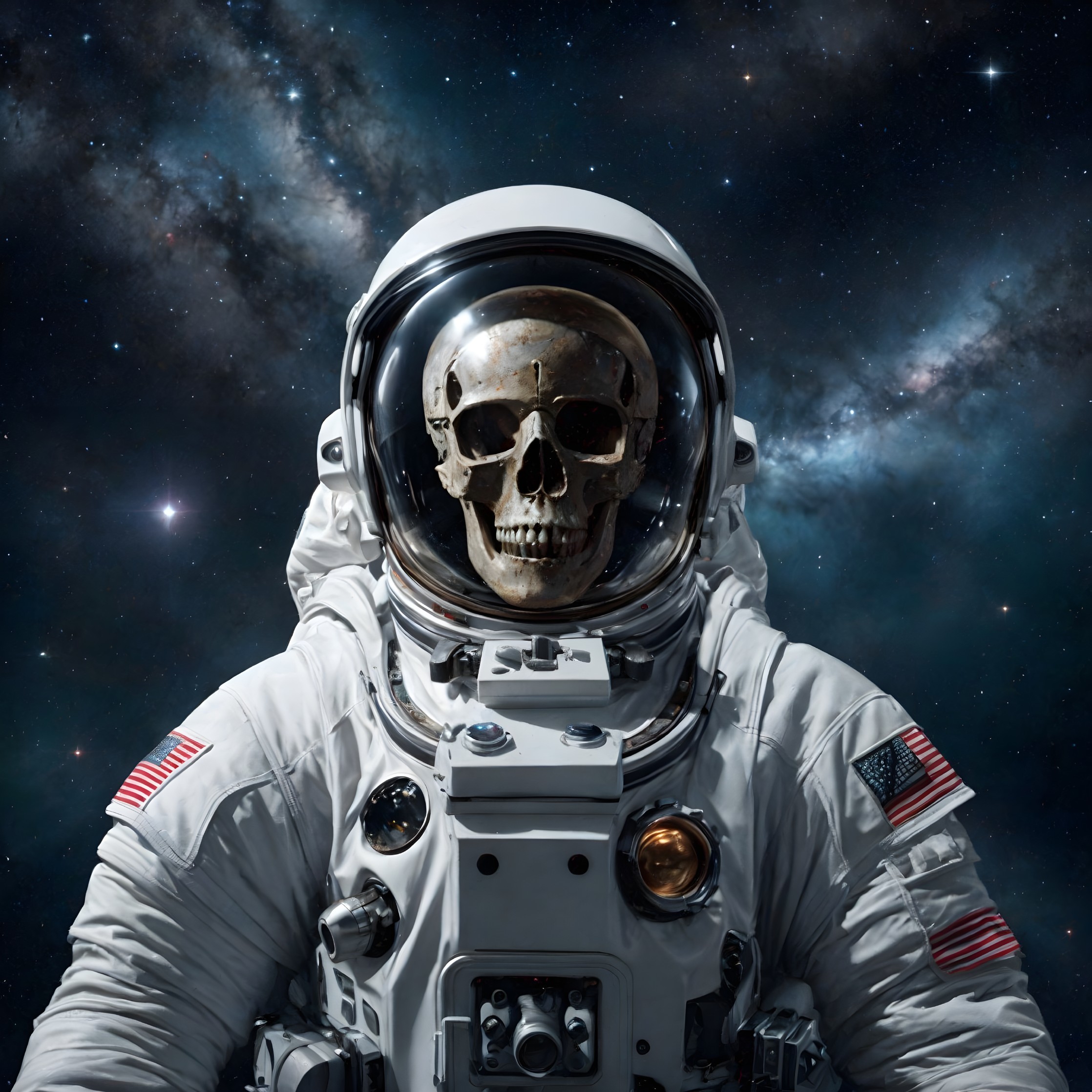 Human skull in astronaut suit surrounded by stars and cosmic clouds