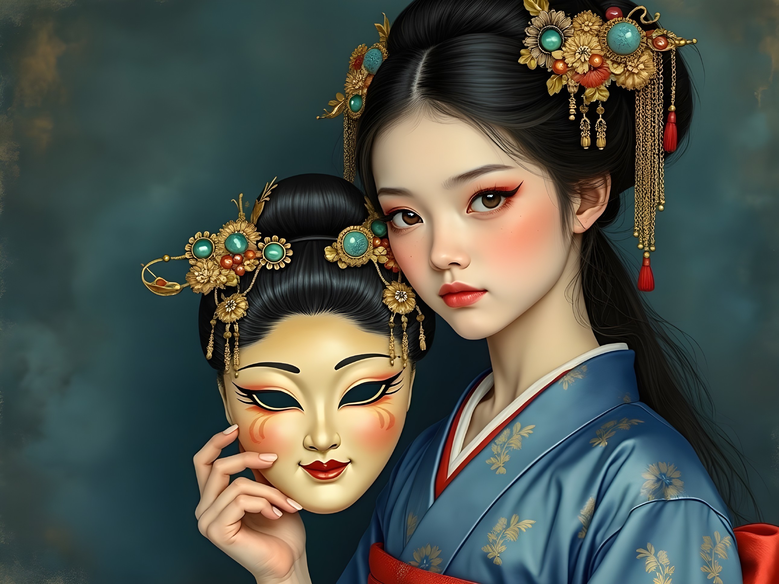 Young Woman in Elegant Blue Kimono with Mask