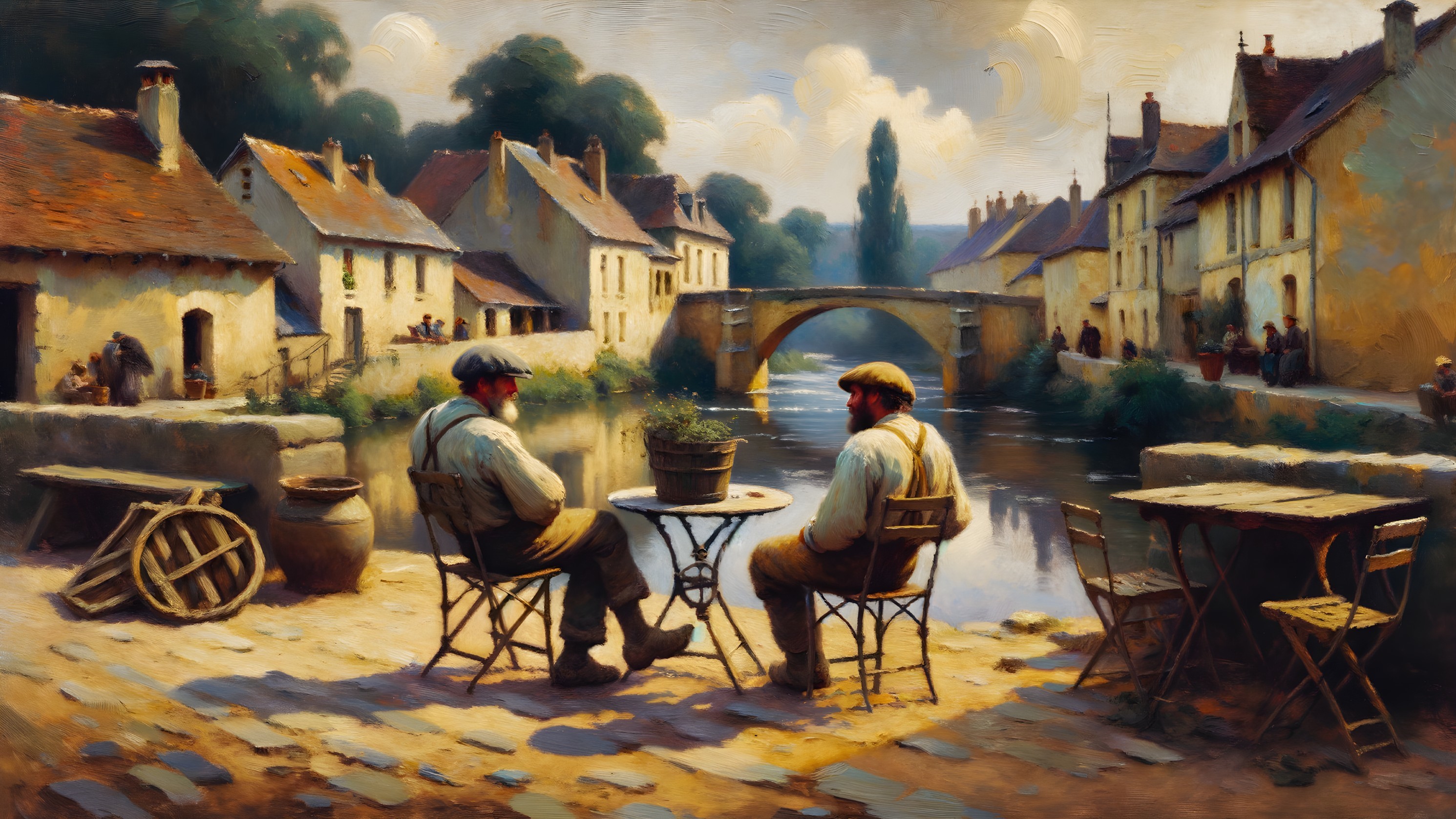 Village Scene with Men by Serene River and Bridge