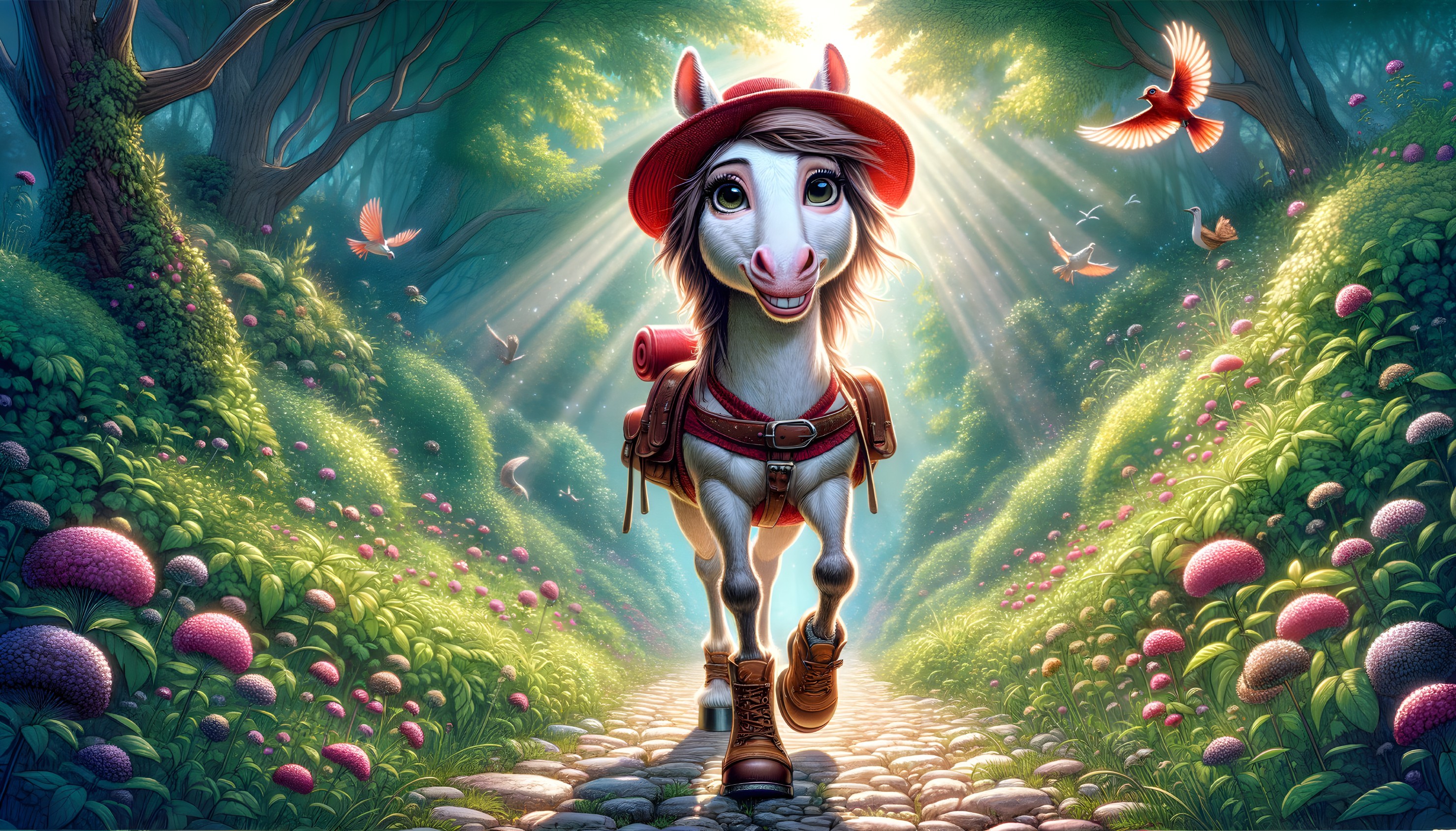 Cheerful horse in red hat on whimsical forest path