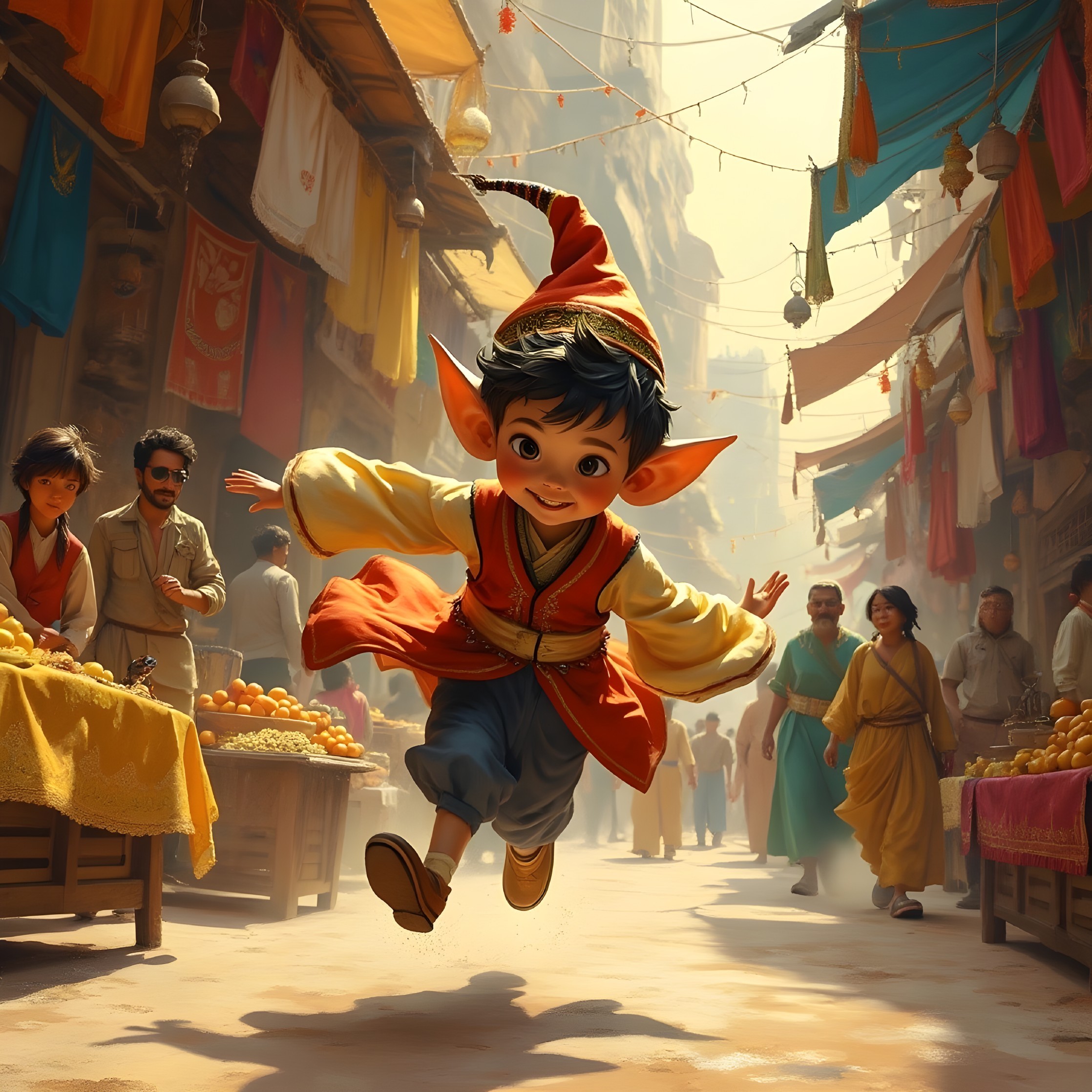 Joyful Boy with Pointed Ears in Vibrant Marketplace