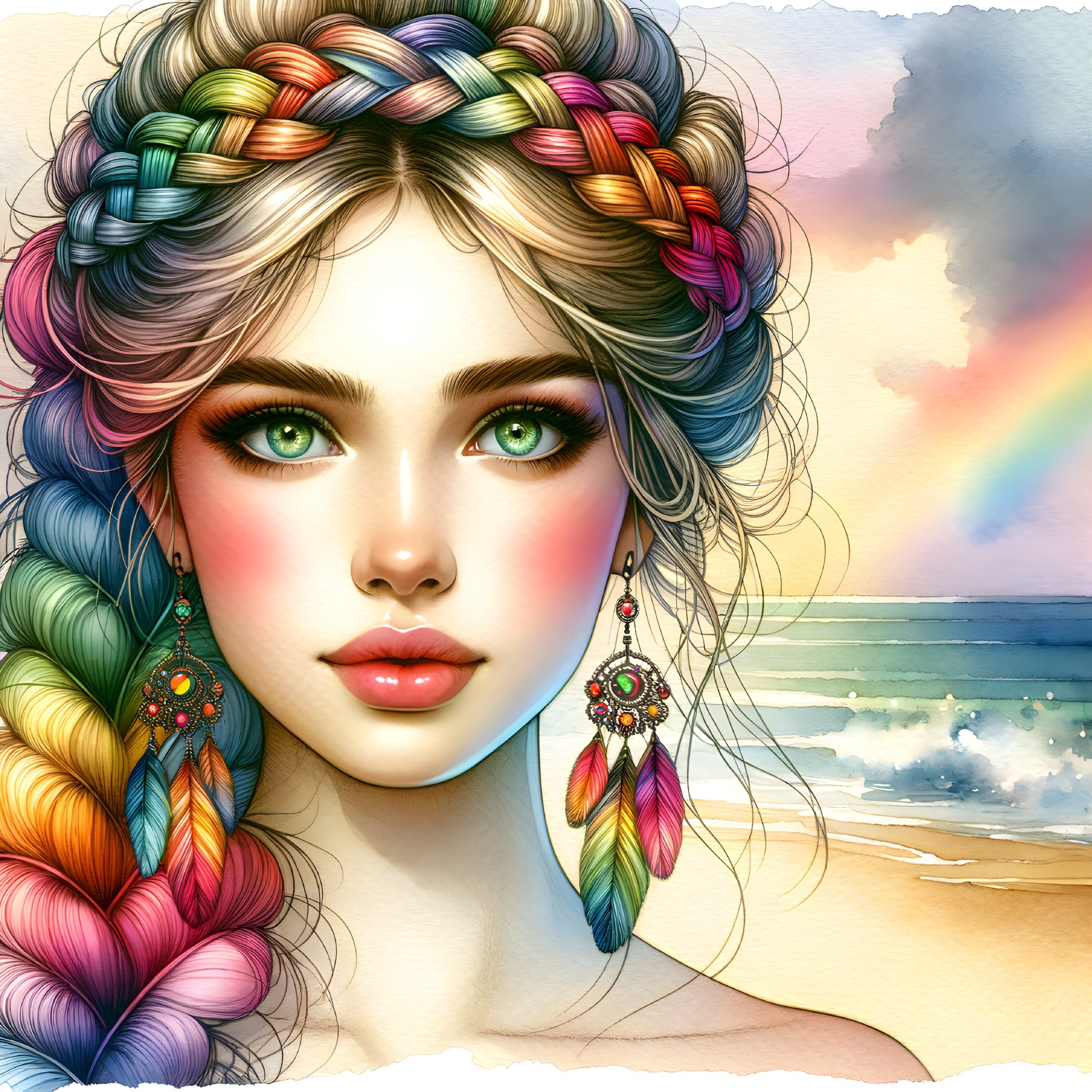 Portrait of a Young Woman with Rainbow Braids and Beach