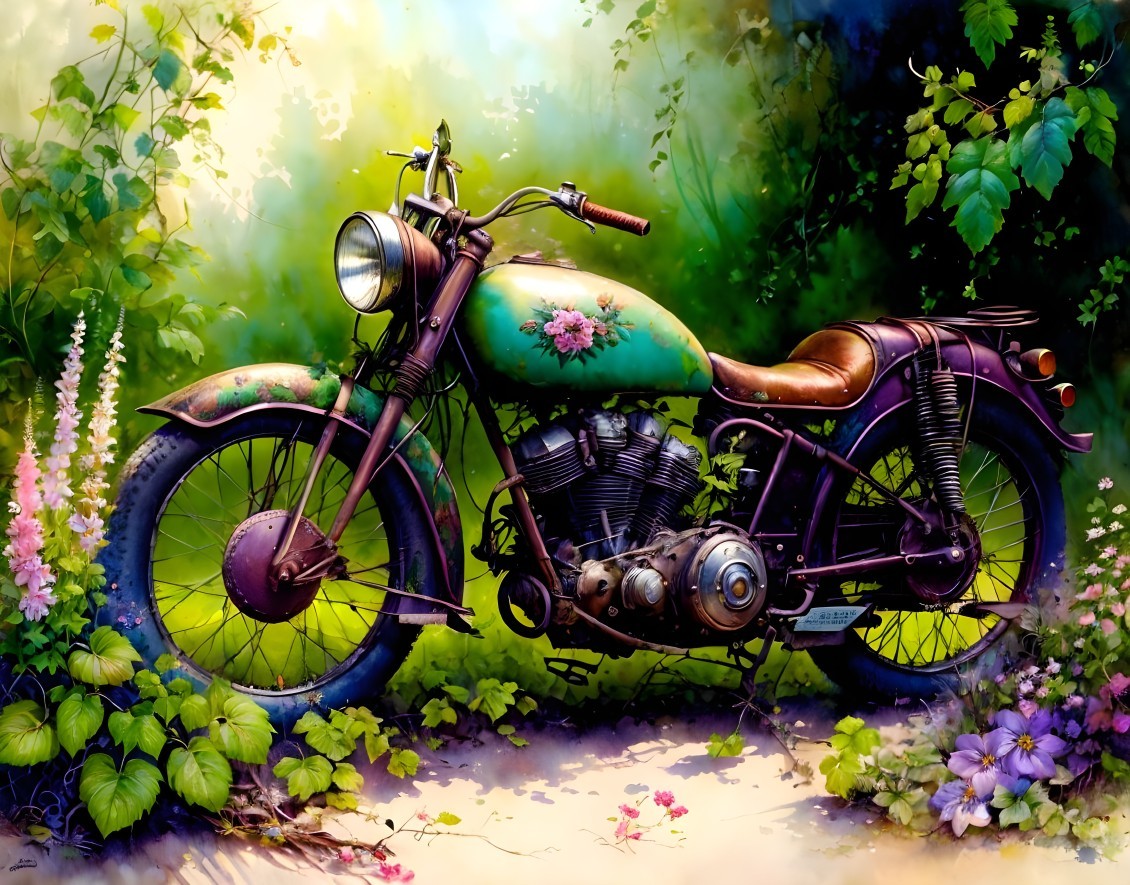 Vintage motorcycle in a lush floral setting