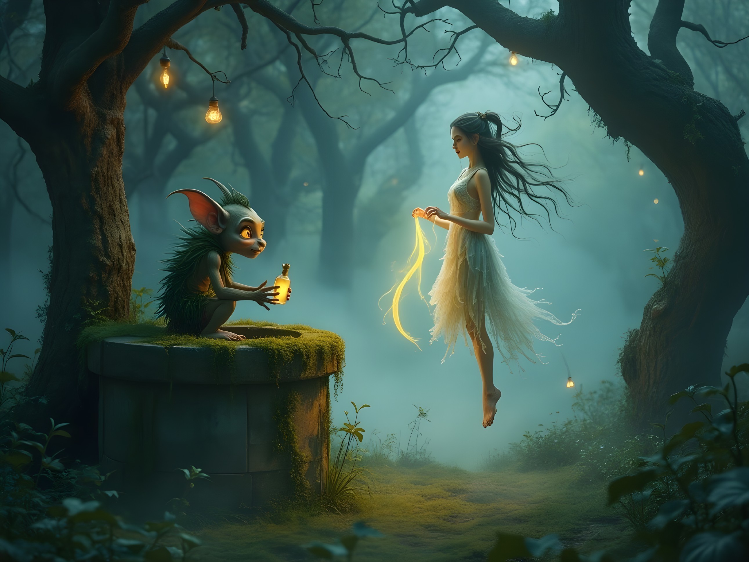Moonlit Forest Scene with Fairy and Magical Creatures