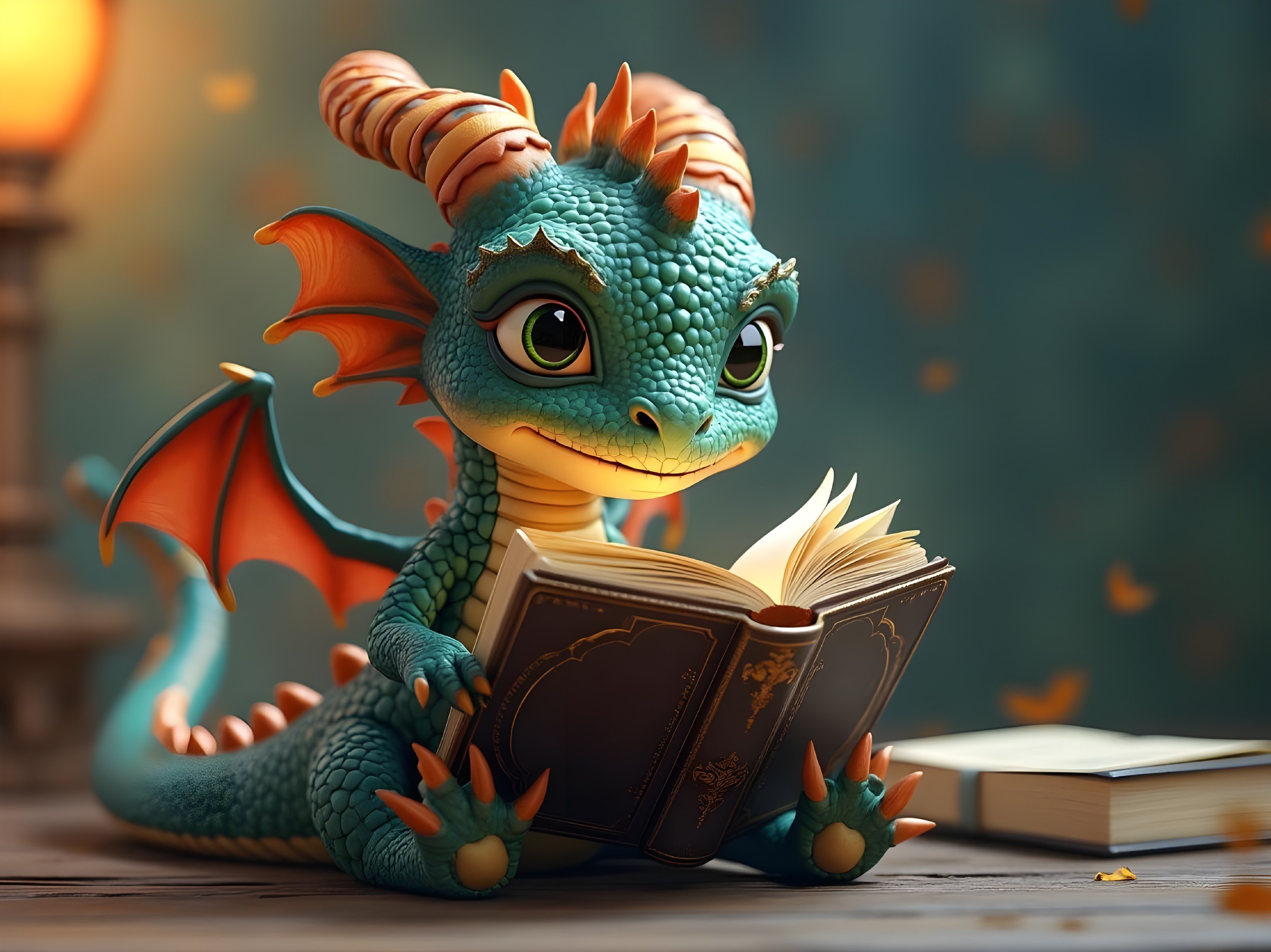 Colorful dragon reading a book in a magical setting
