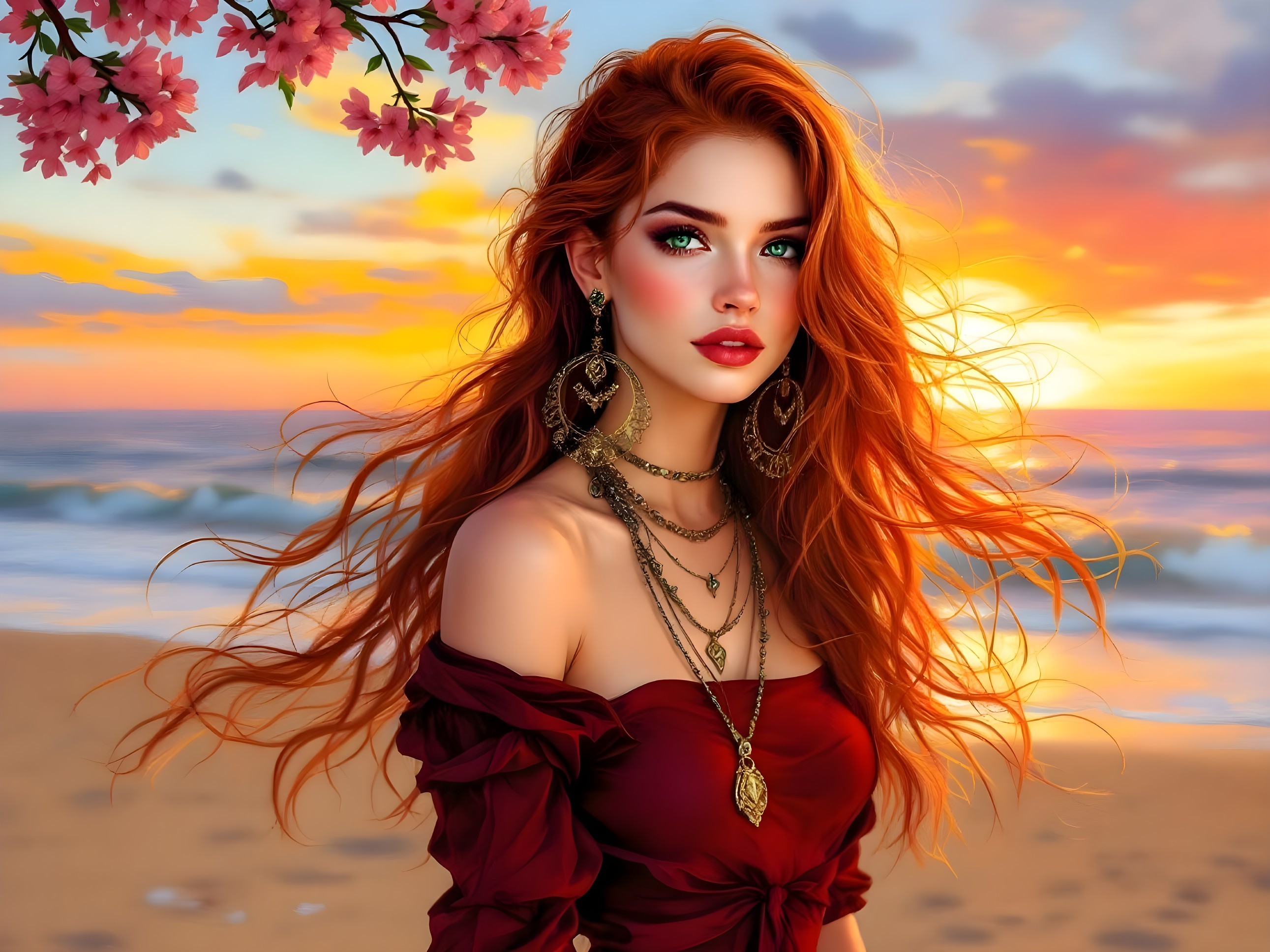 Portrait of a Woman with Red Hair and Sunset Background