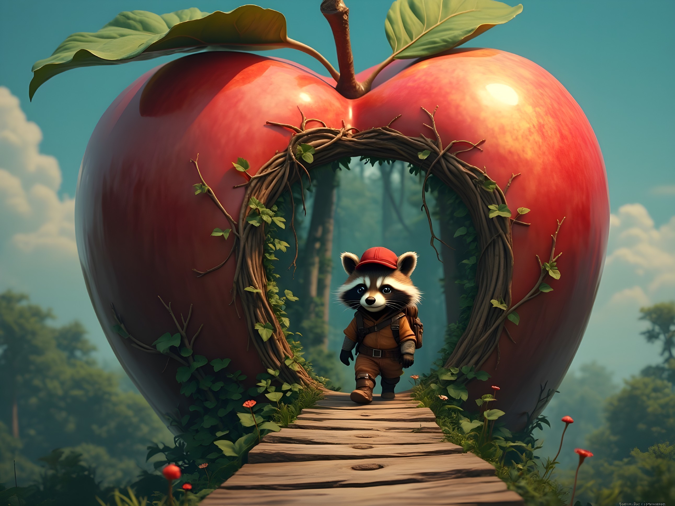 Cartoon Raccoon in Apple Doorway Adventure Scene