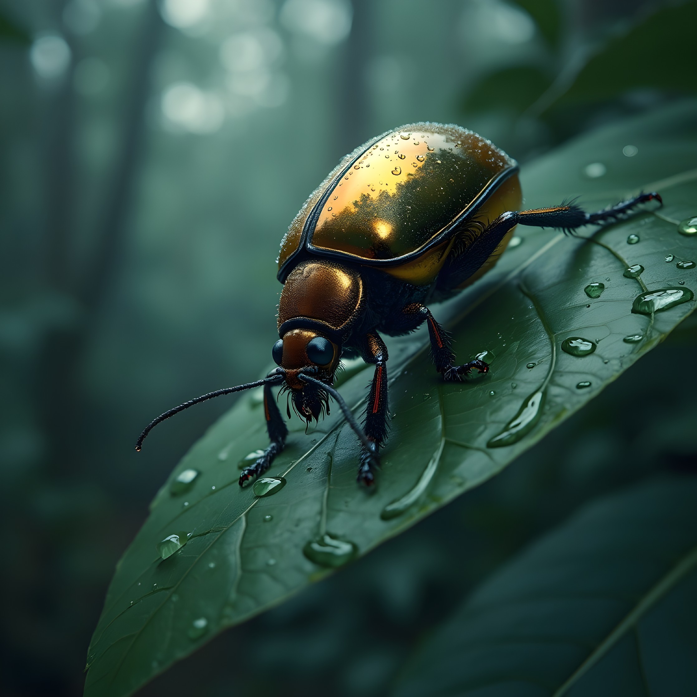 Golden beetle on green leaf in misty forest setting