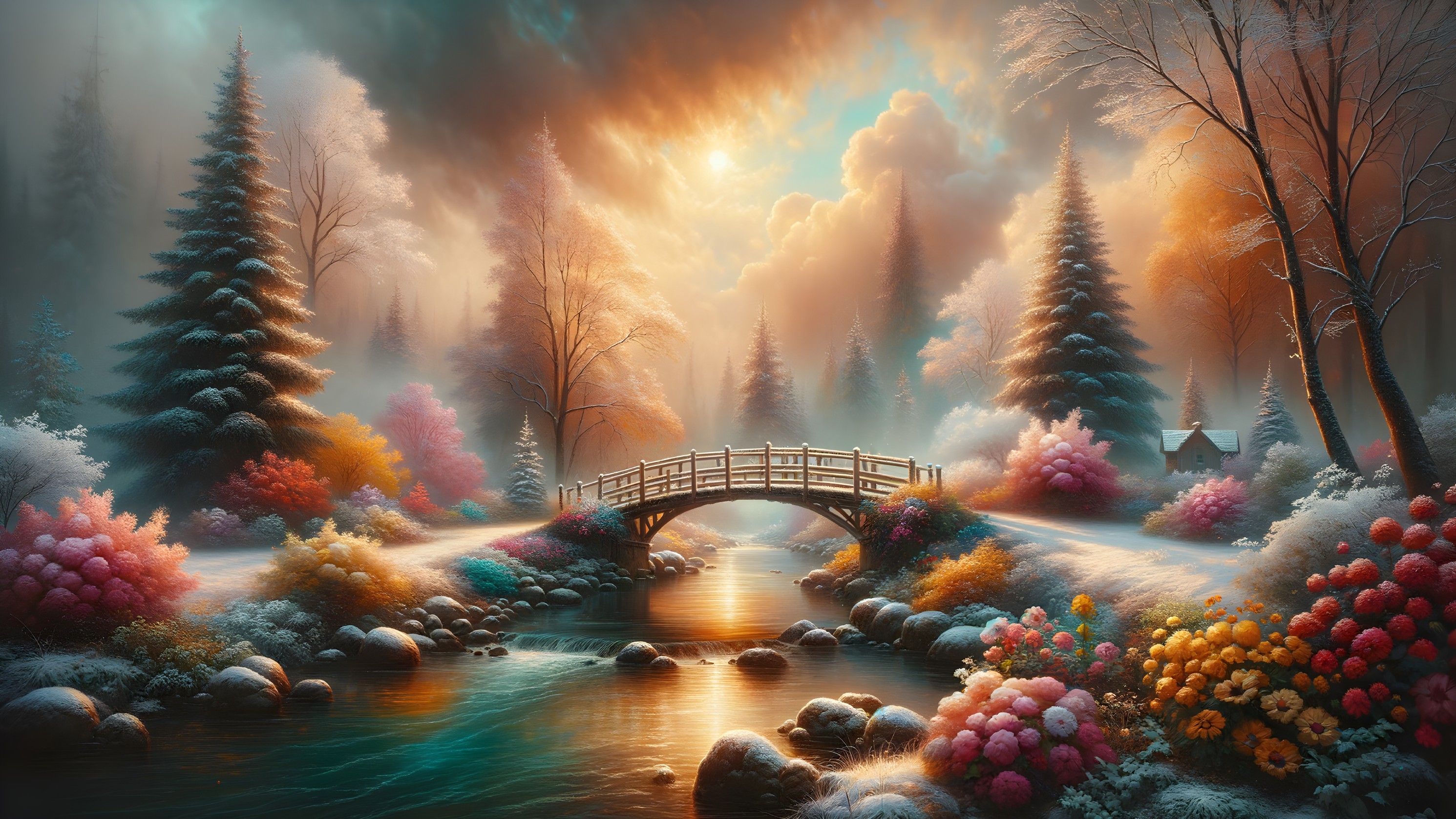 Serene Landscape with Wooden Bridge and Autumn Foliage