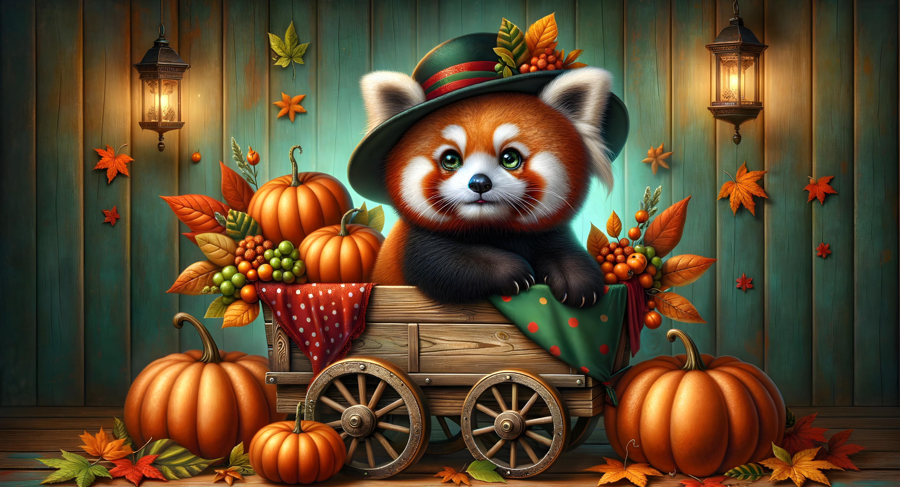 Red panda in a cart with autumn decorations and lanterns