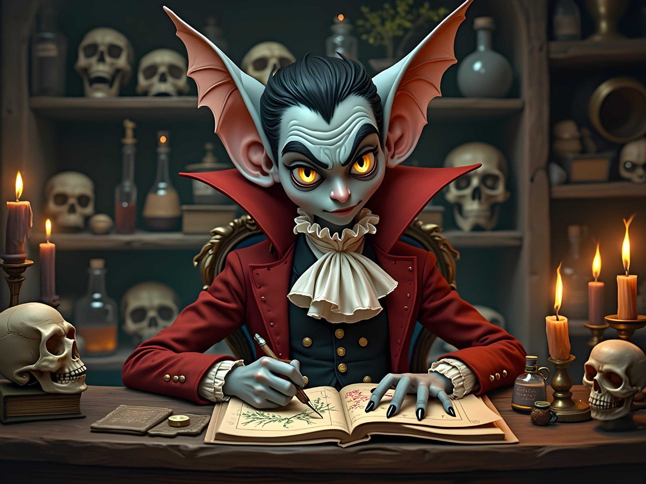 Bat-Winged Character in Dimly Lit Study with Skulls