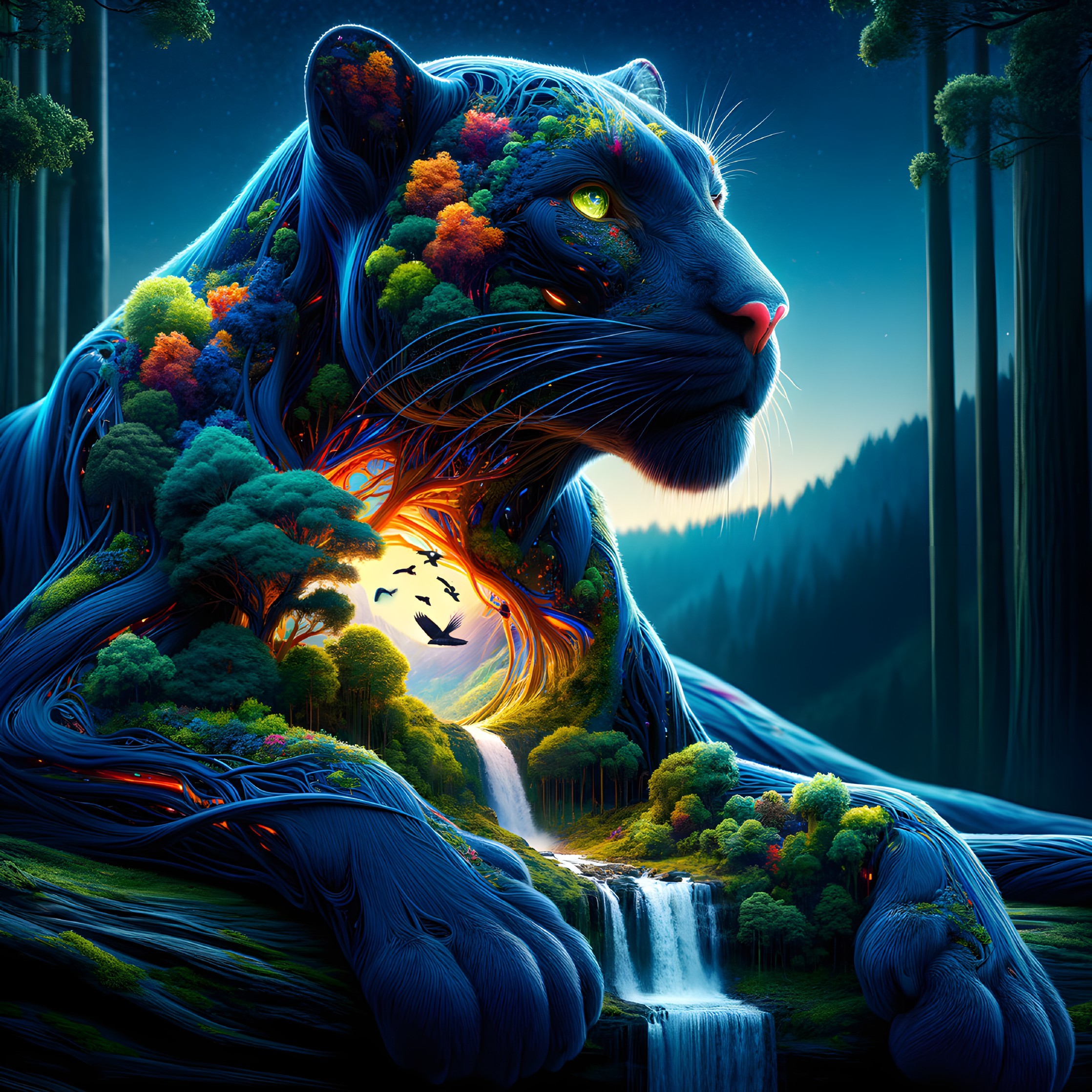 Majestic blue panther in vibrant landscape with portal