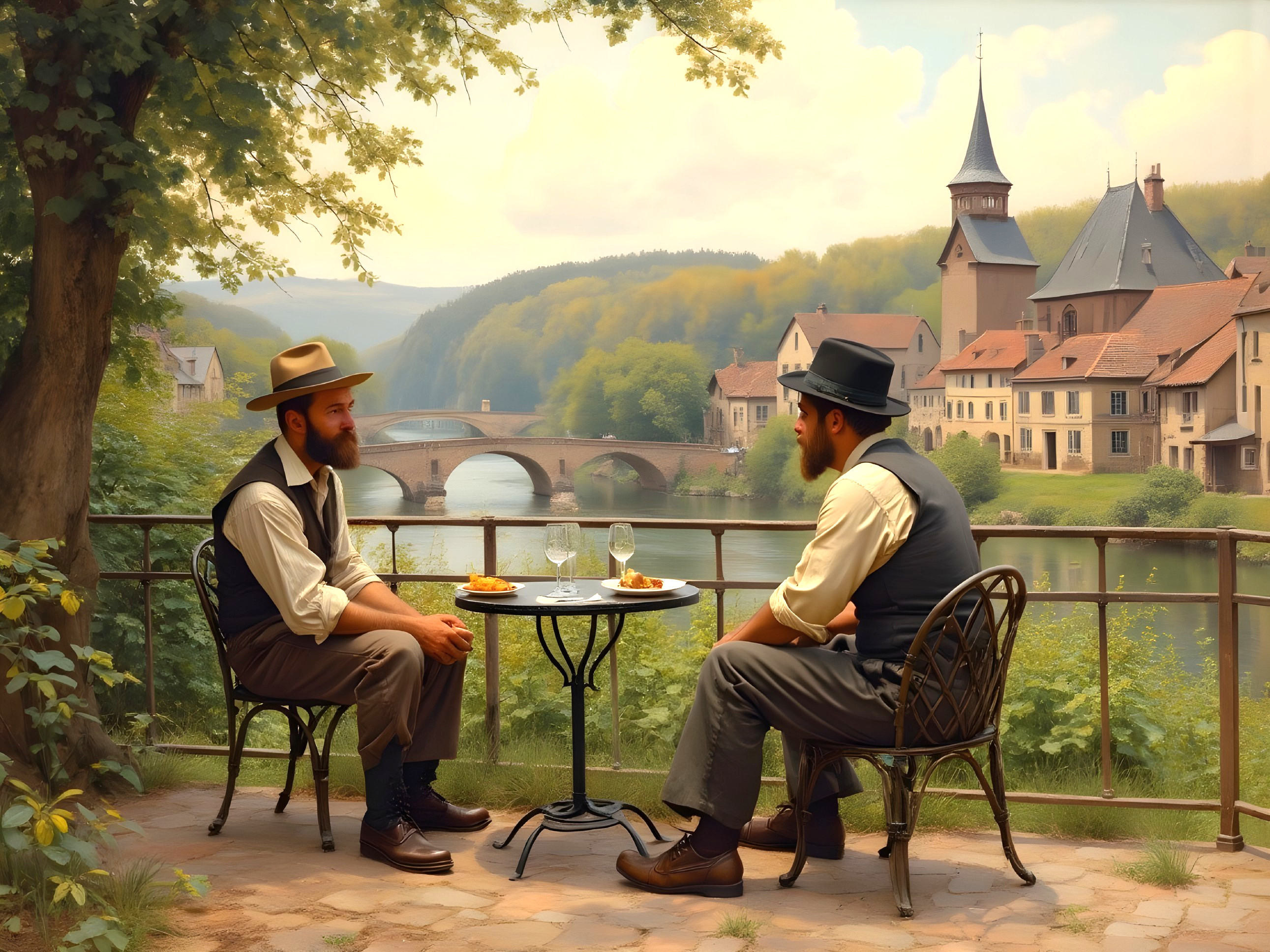 Men dining by a river in early 20th-century attire