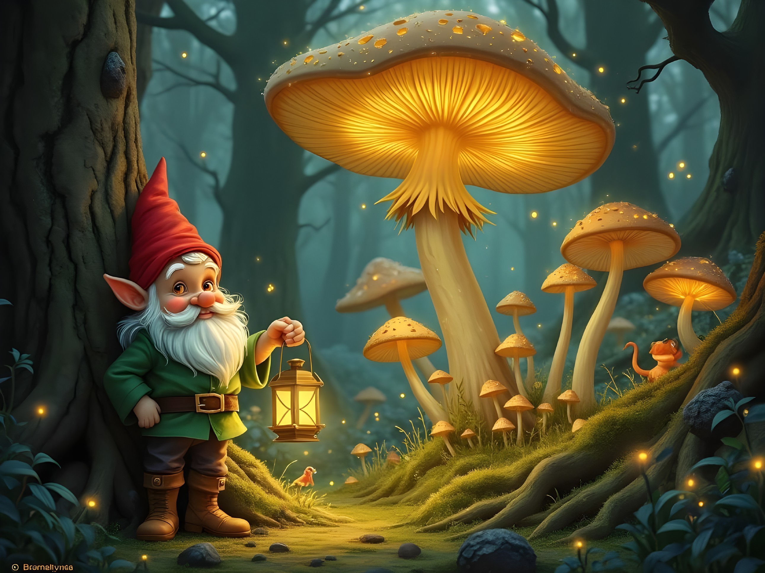 Cheerful gnome in a glowing magical forest setting