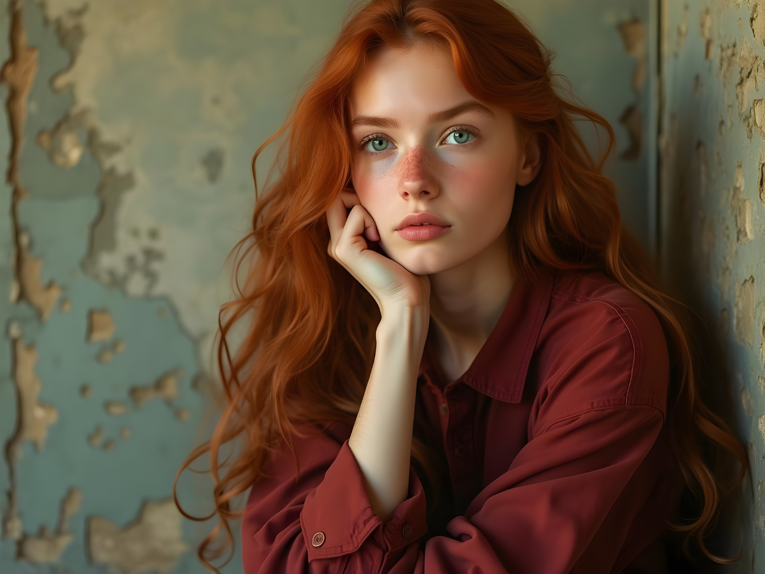 Young Woman with Red Hair Against Rustic Wall