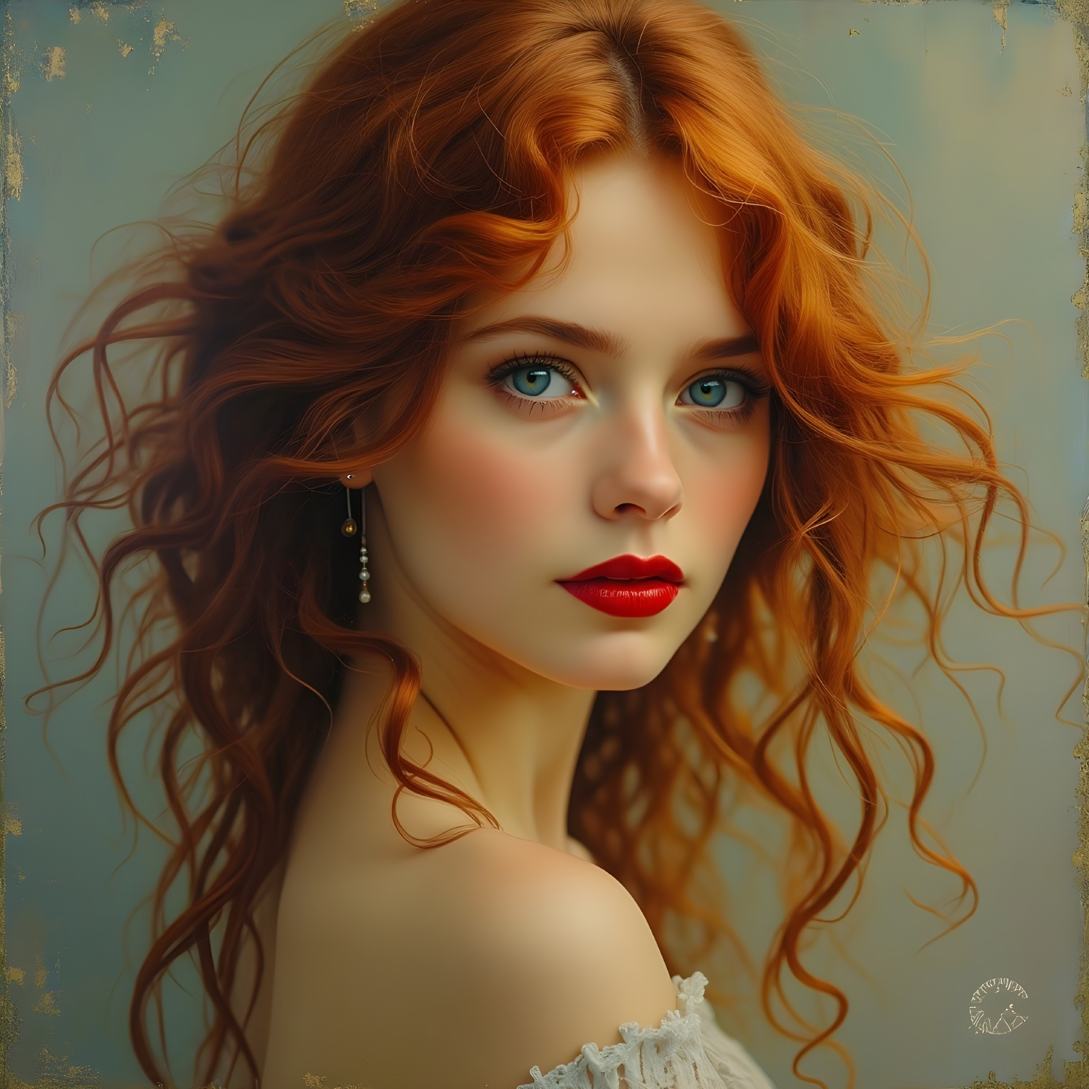 Portrait of a Young Woman with Red Hair and Blue Eyes