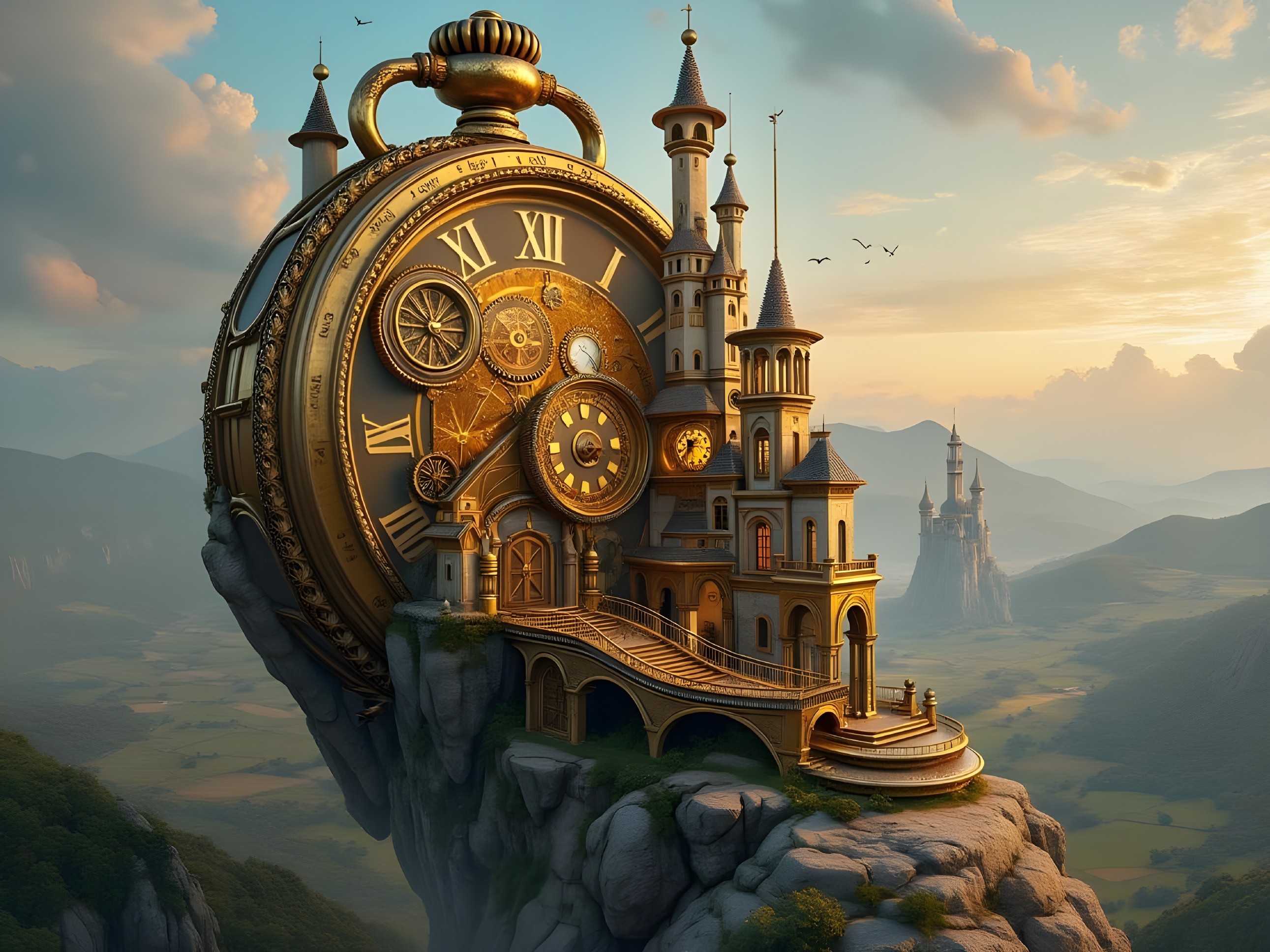 Castle within an Intricate Golden Pocket Watch Scene