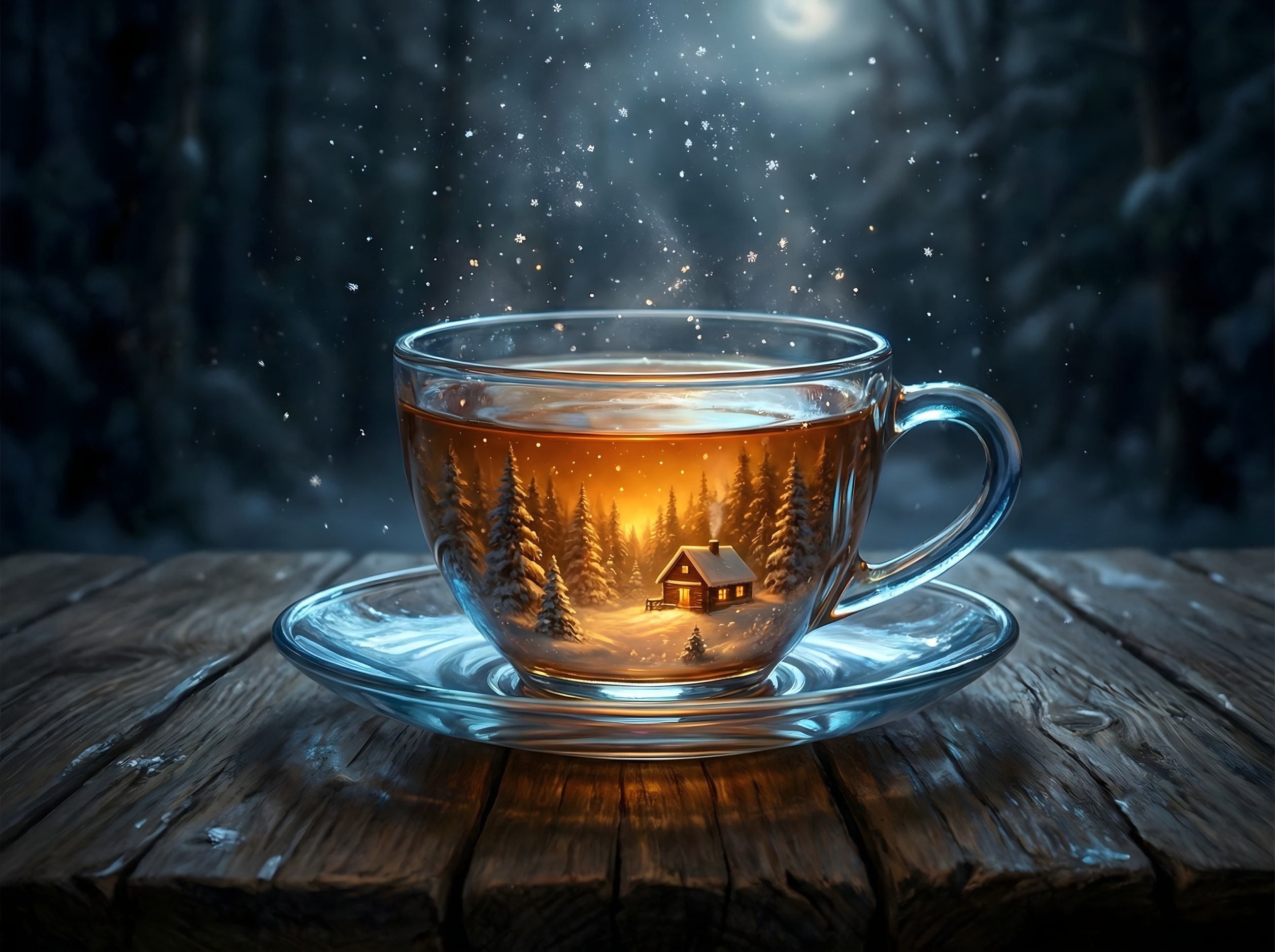 Teacup with Winter Forest Scene and Amber Liquid