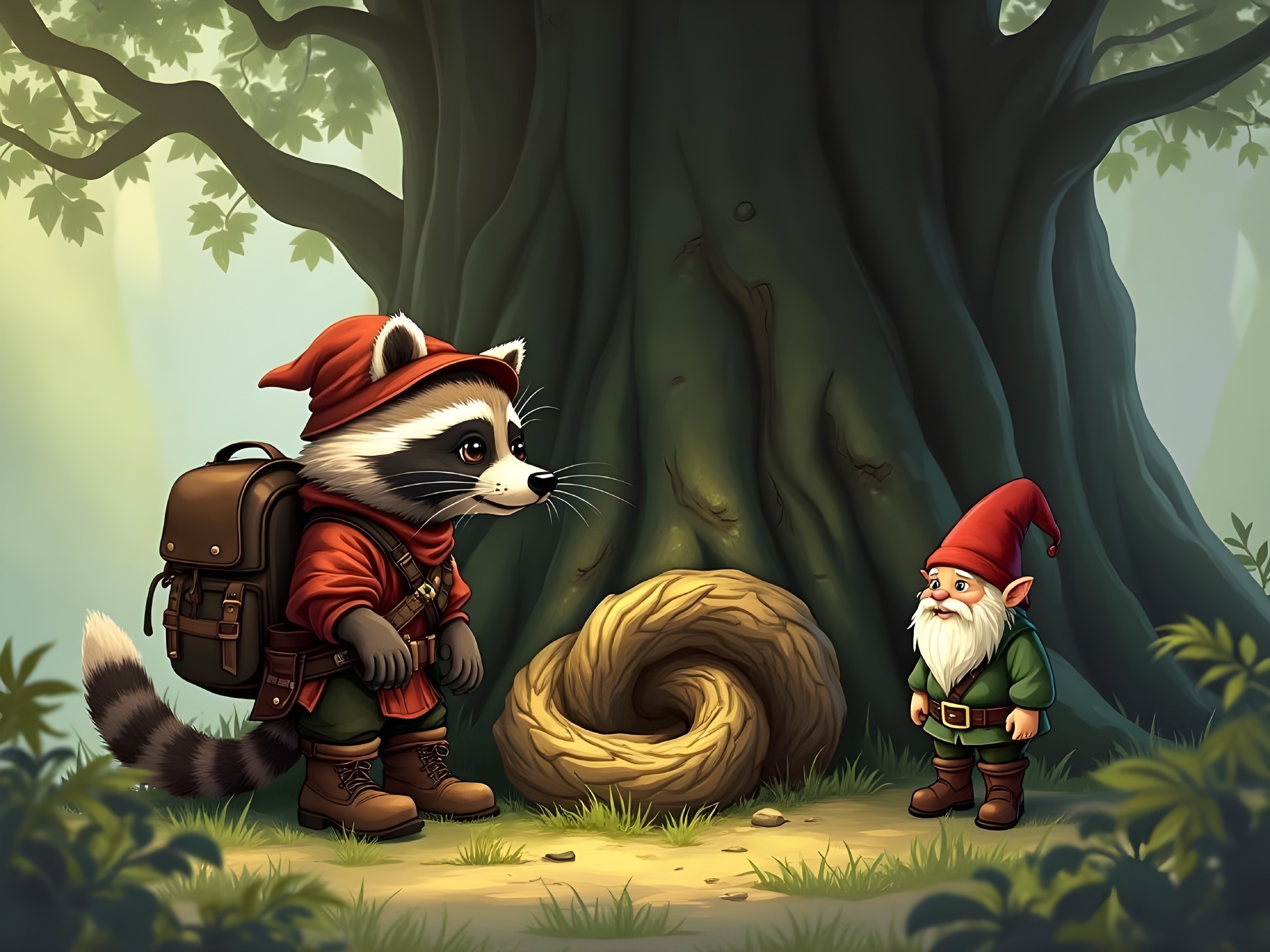 Raccoon and Gnome in a Magical Forest Setting