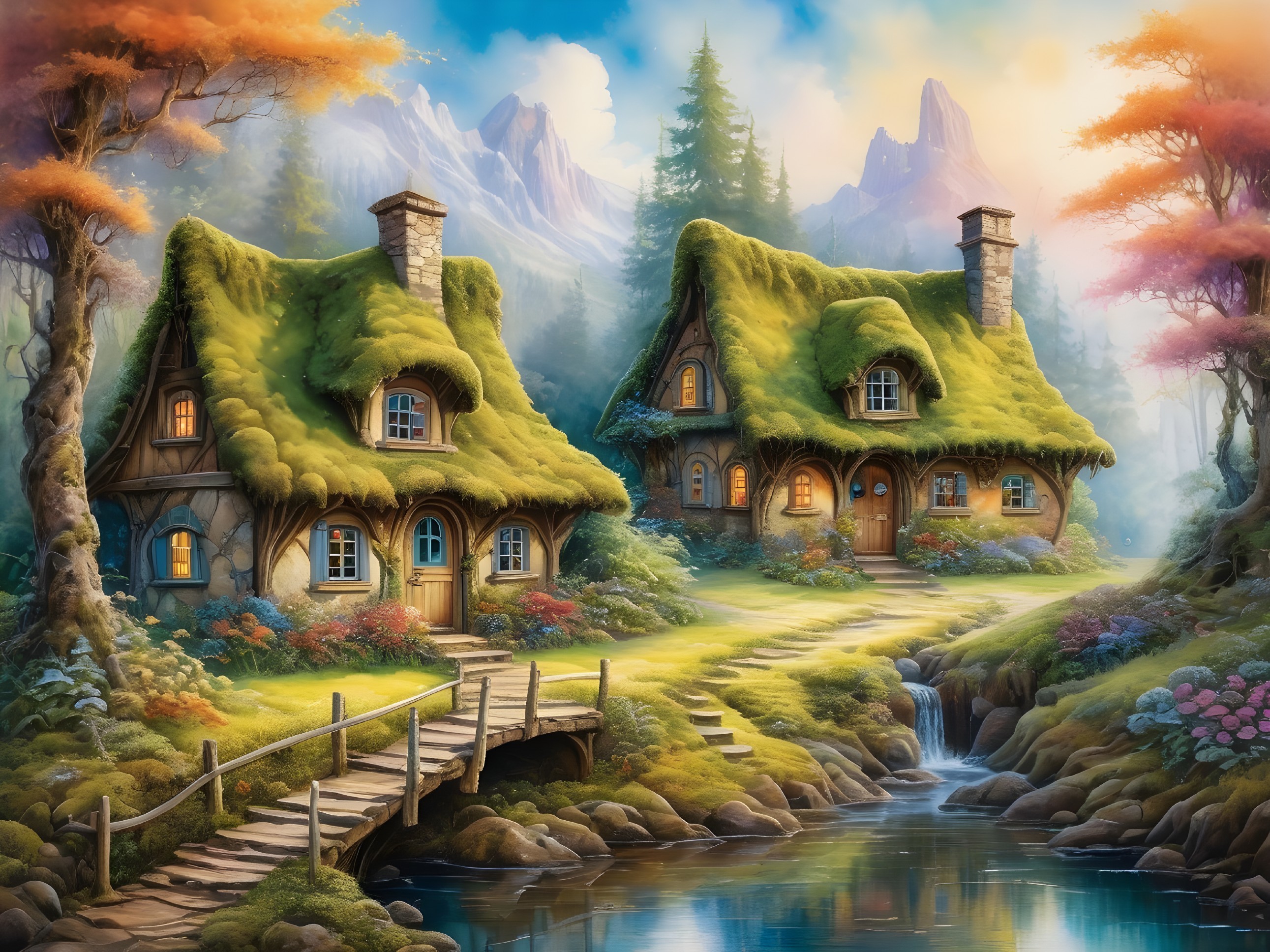 Quaint Cottages by a Stream with Mountain Backdrop
