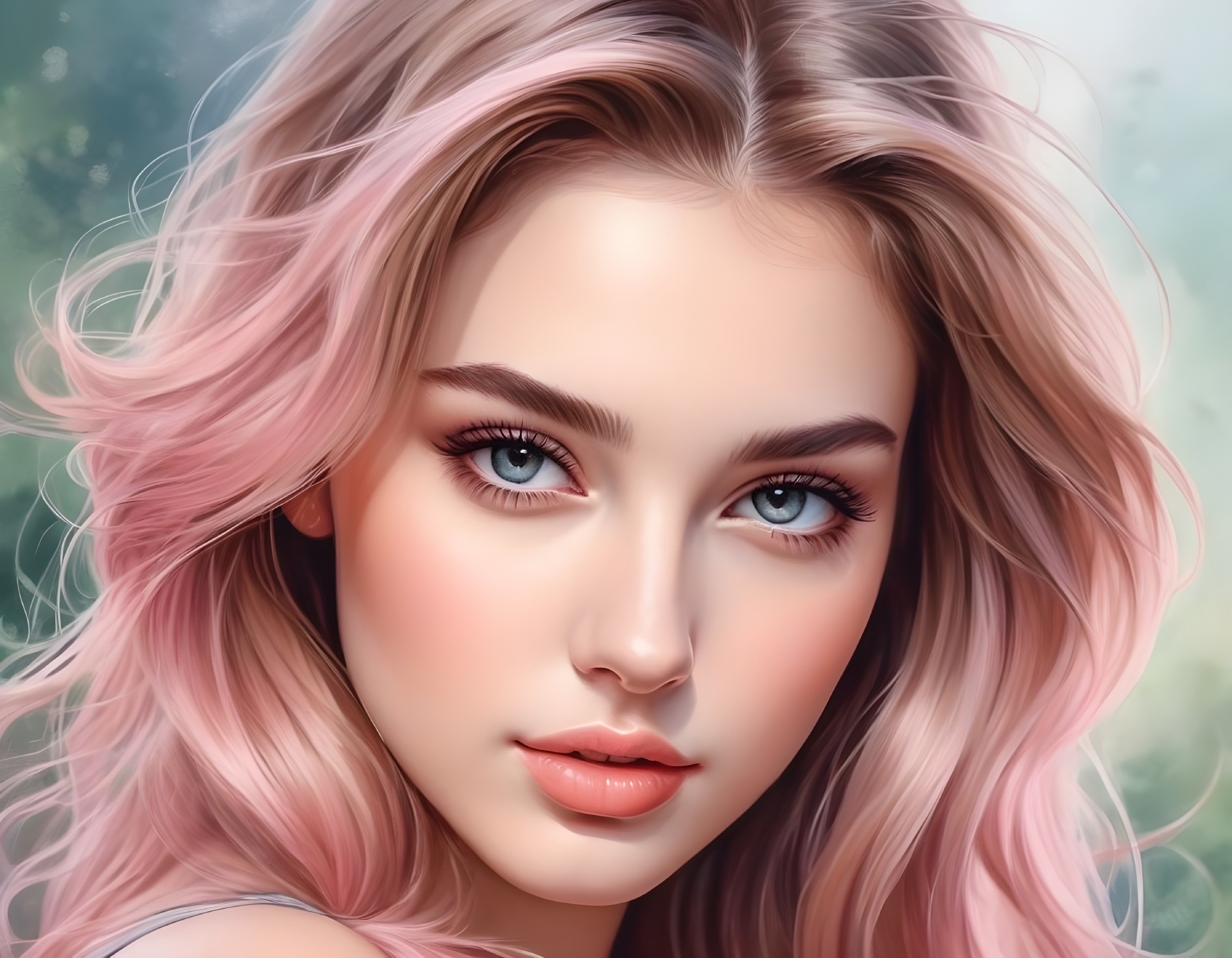 Detailed digital art portrait of young woman with pinkish-blonde wavy hair and piercing blue eyes