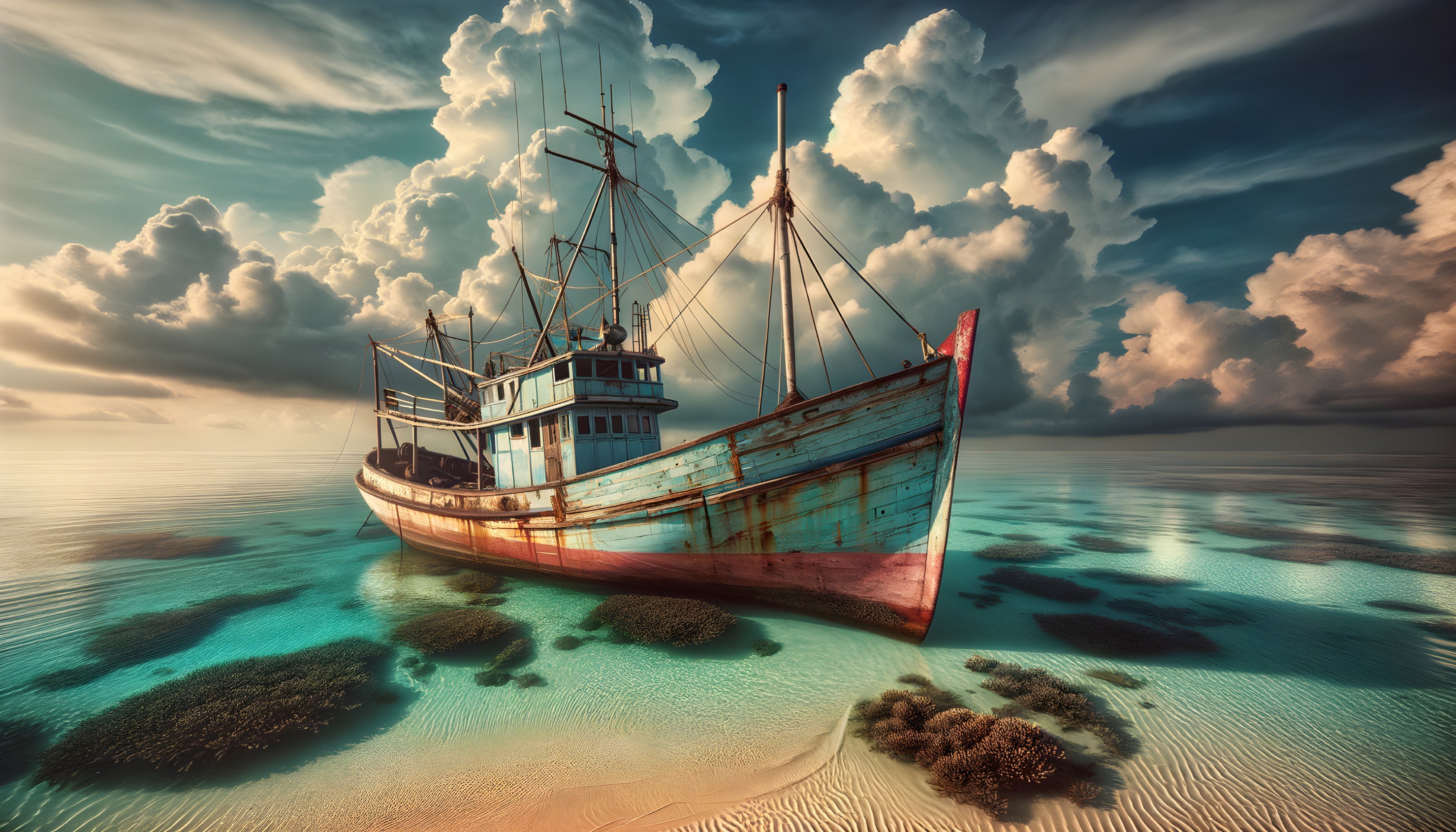 Weathered Fishing Boat in Turquoise Waters and Coral