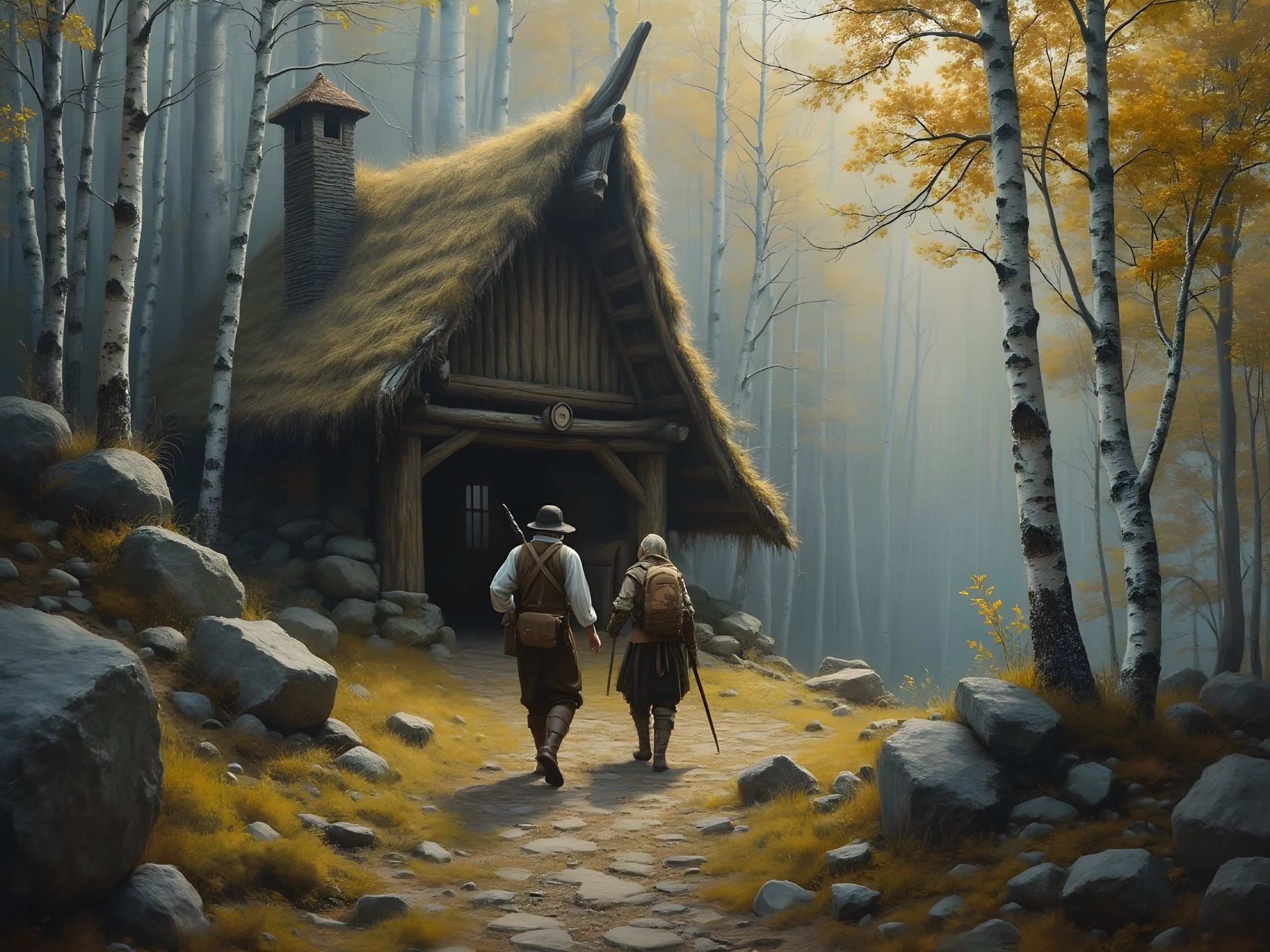 Misty Forest Scene with Cottage and Autumn Leaves