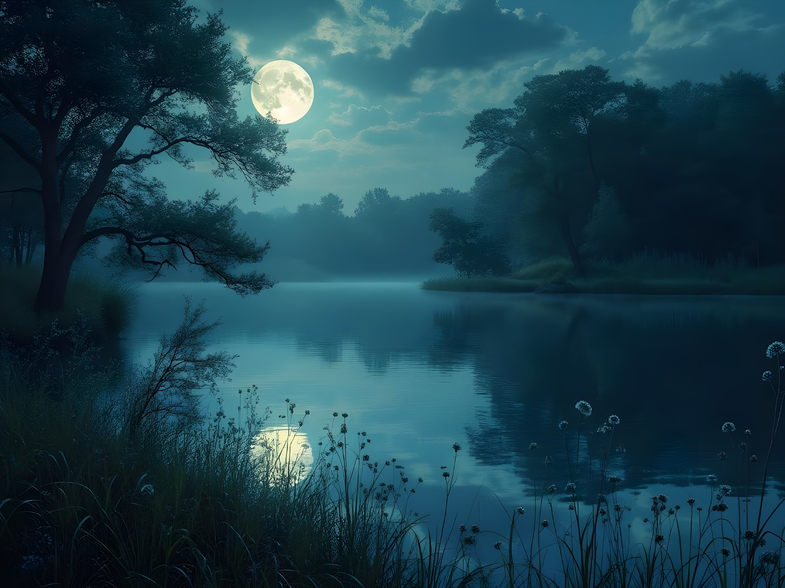 Moonlit Lake Scene with Trees and Wildflowers
