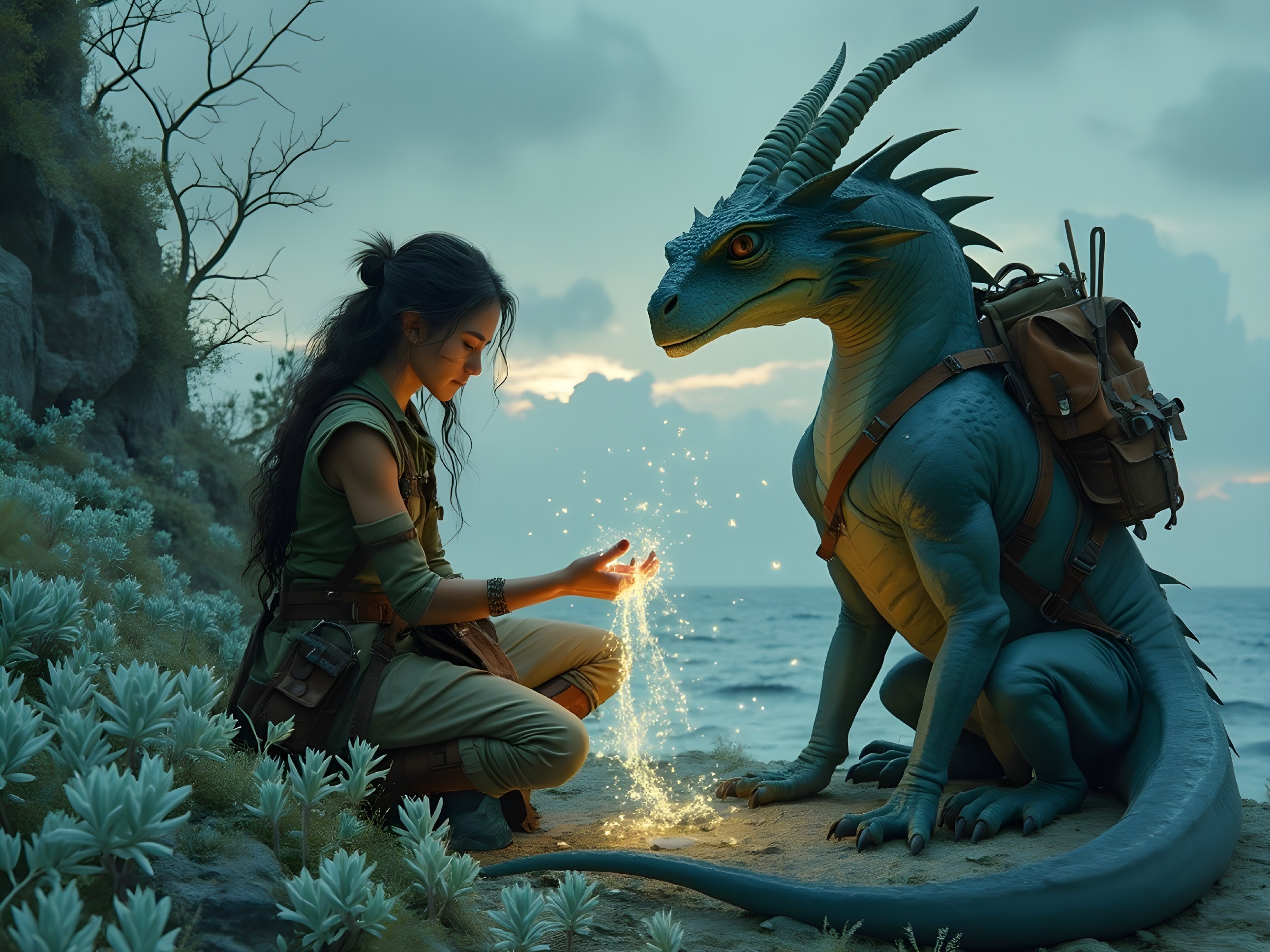 Young woman with dragon in serene coastal dusk setting