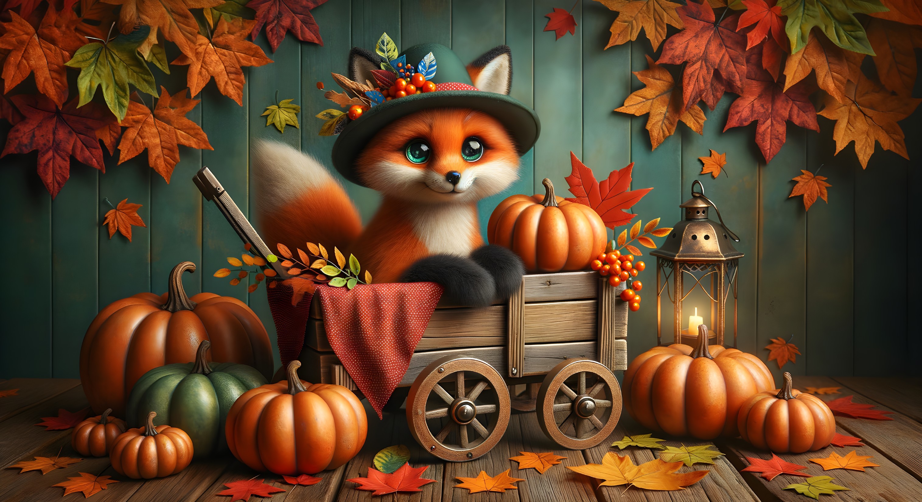 Whimsical Fox with Floral Hat and Pumpkins in Autumn