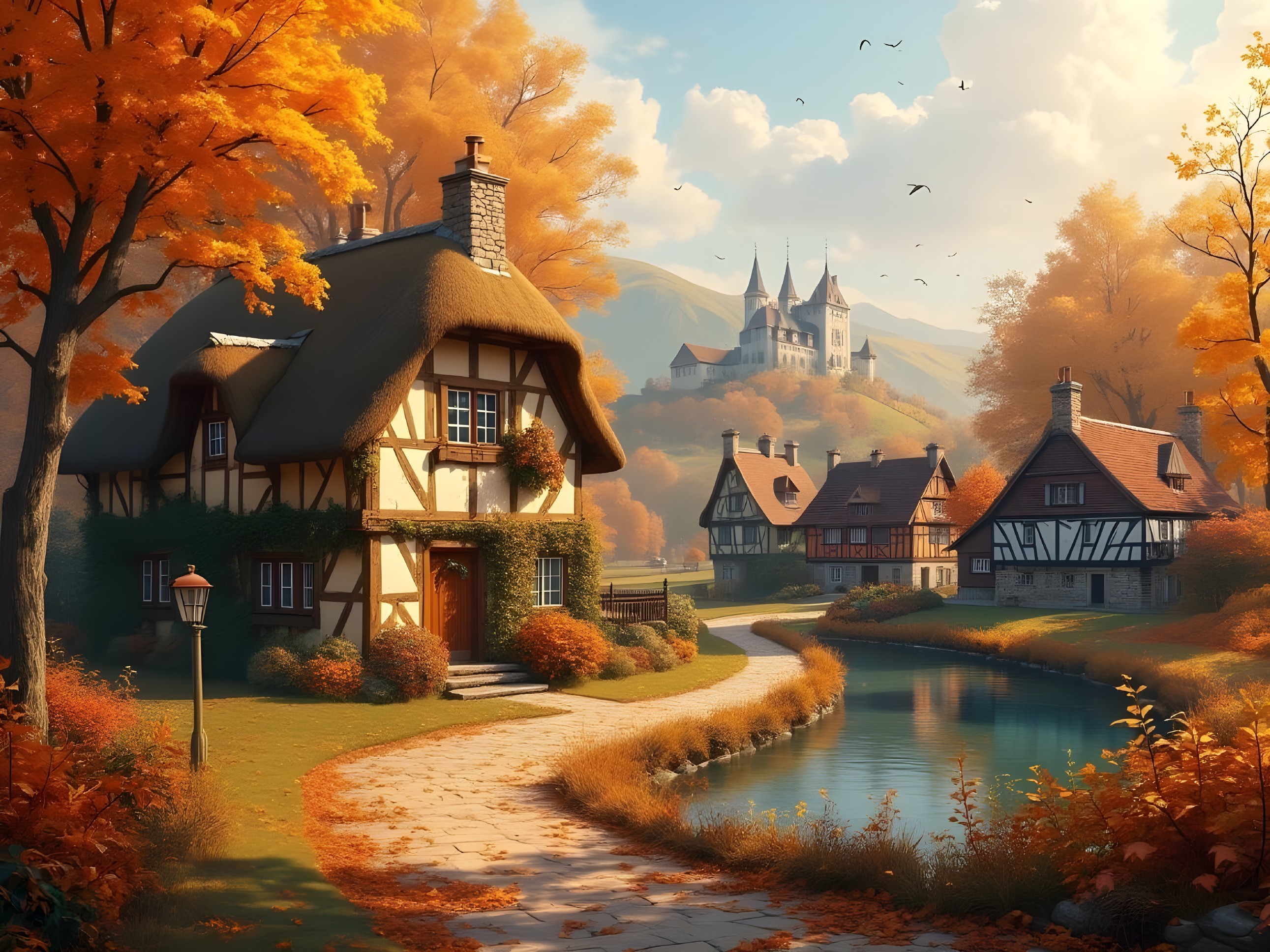Autumn Landscape with Cottages and Castle in Foliage