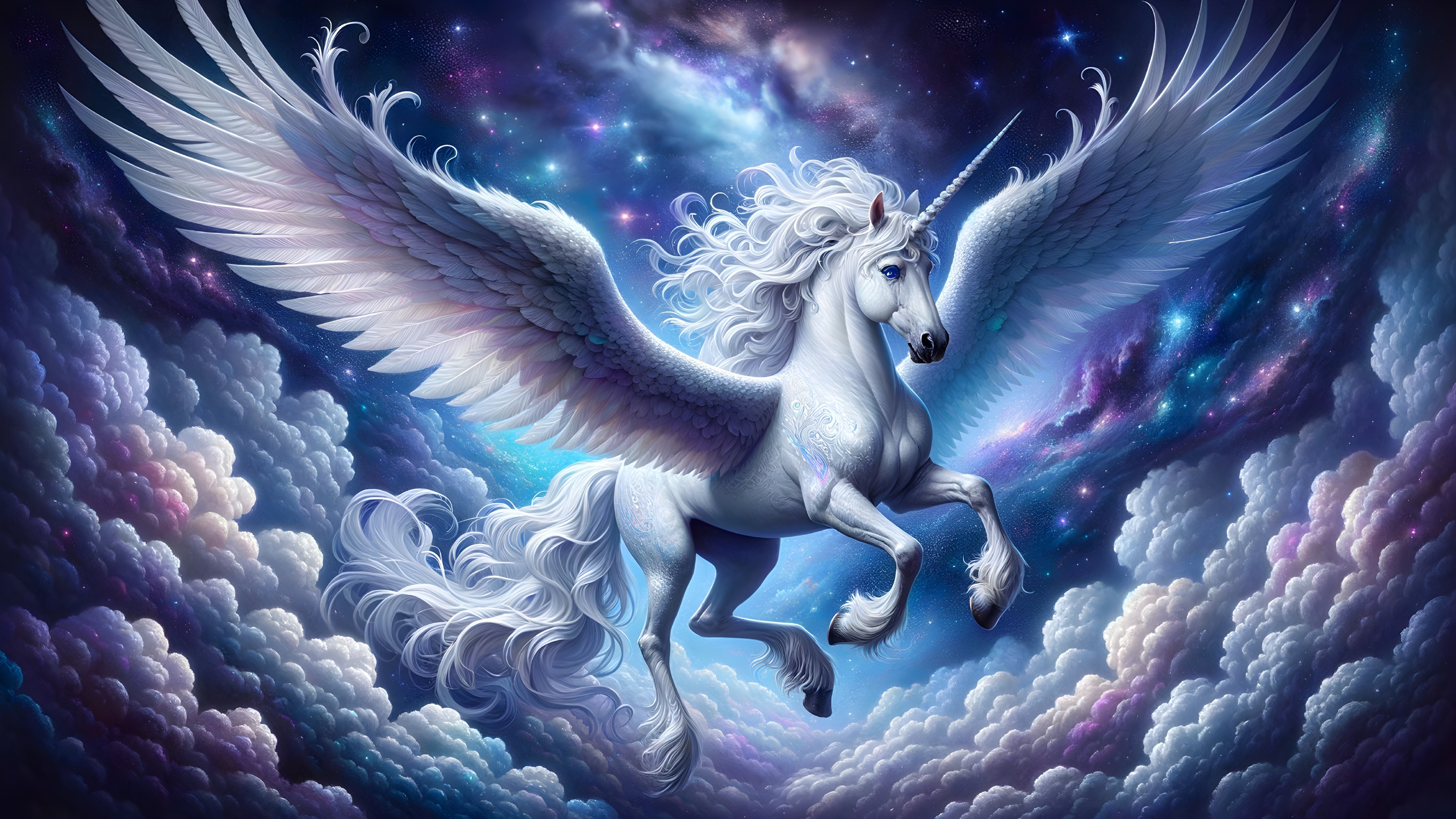 Majestic unicorn soaring in a vibrant celestial sky
