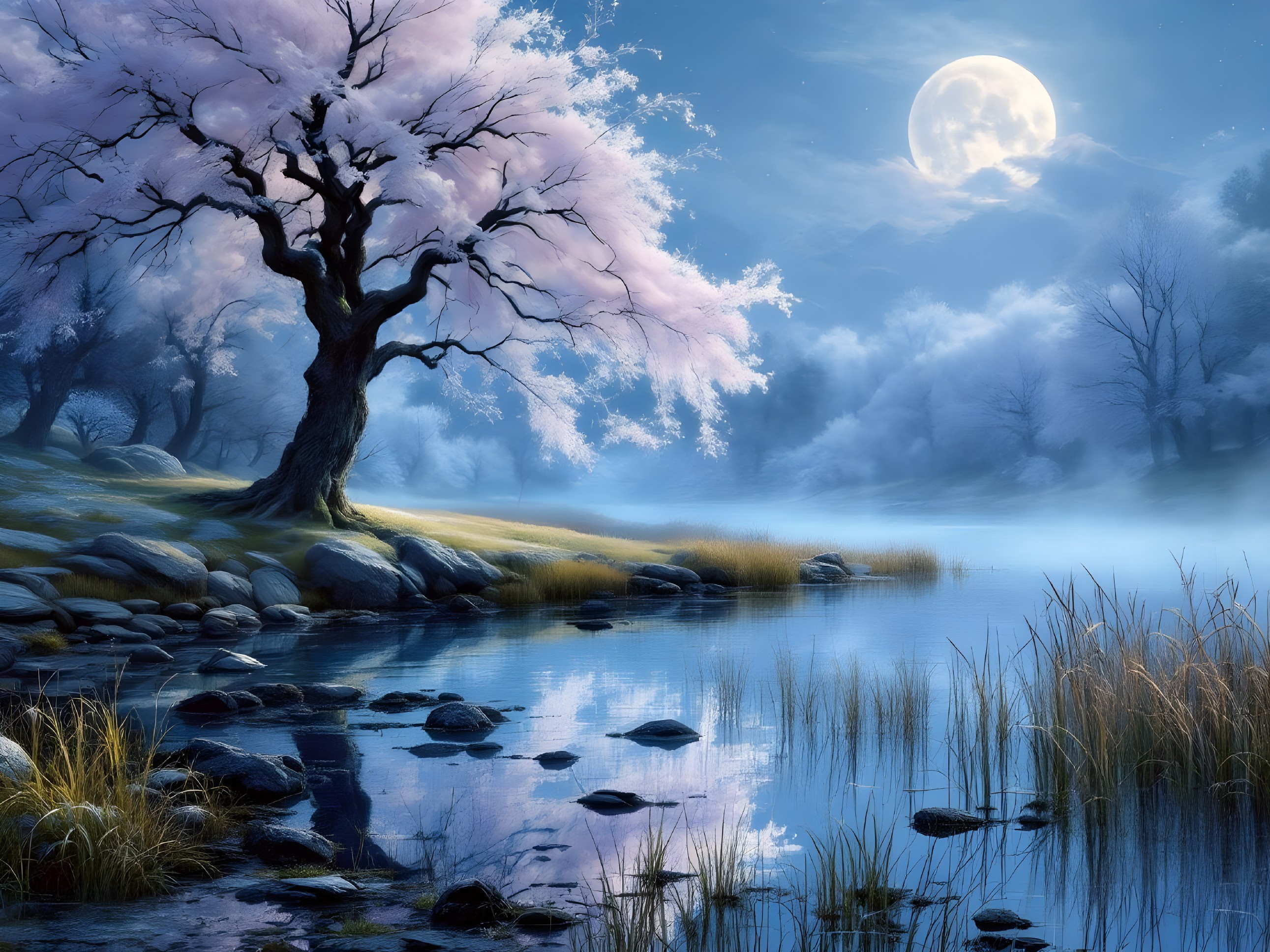 Tranquil River Scene Under Full Moon with Cherry Blossoms