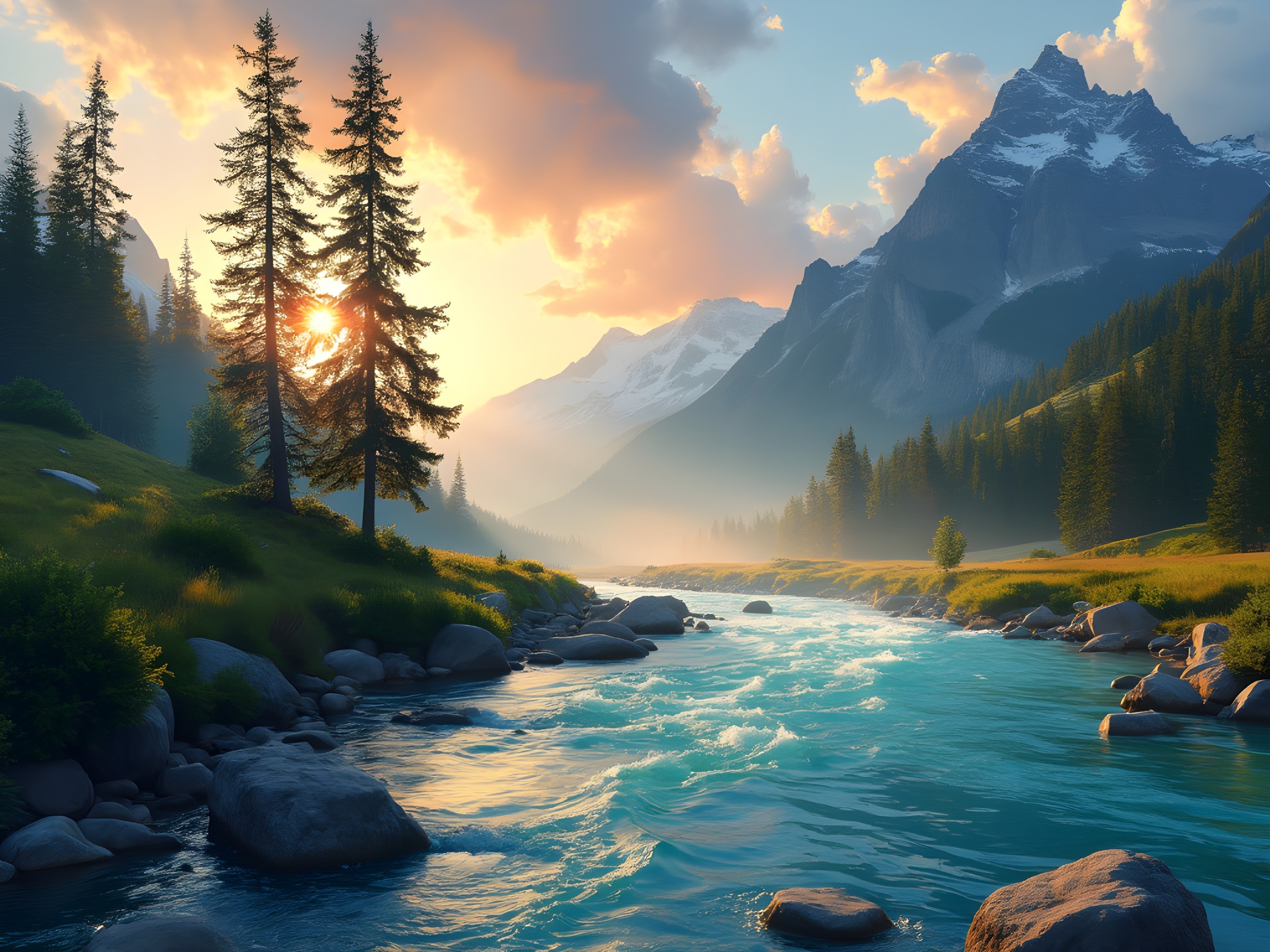 Serene Landscape with River and Majestic Mountains