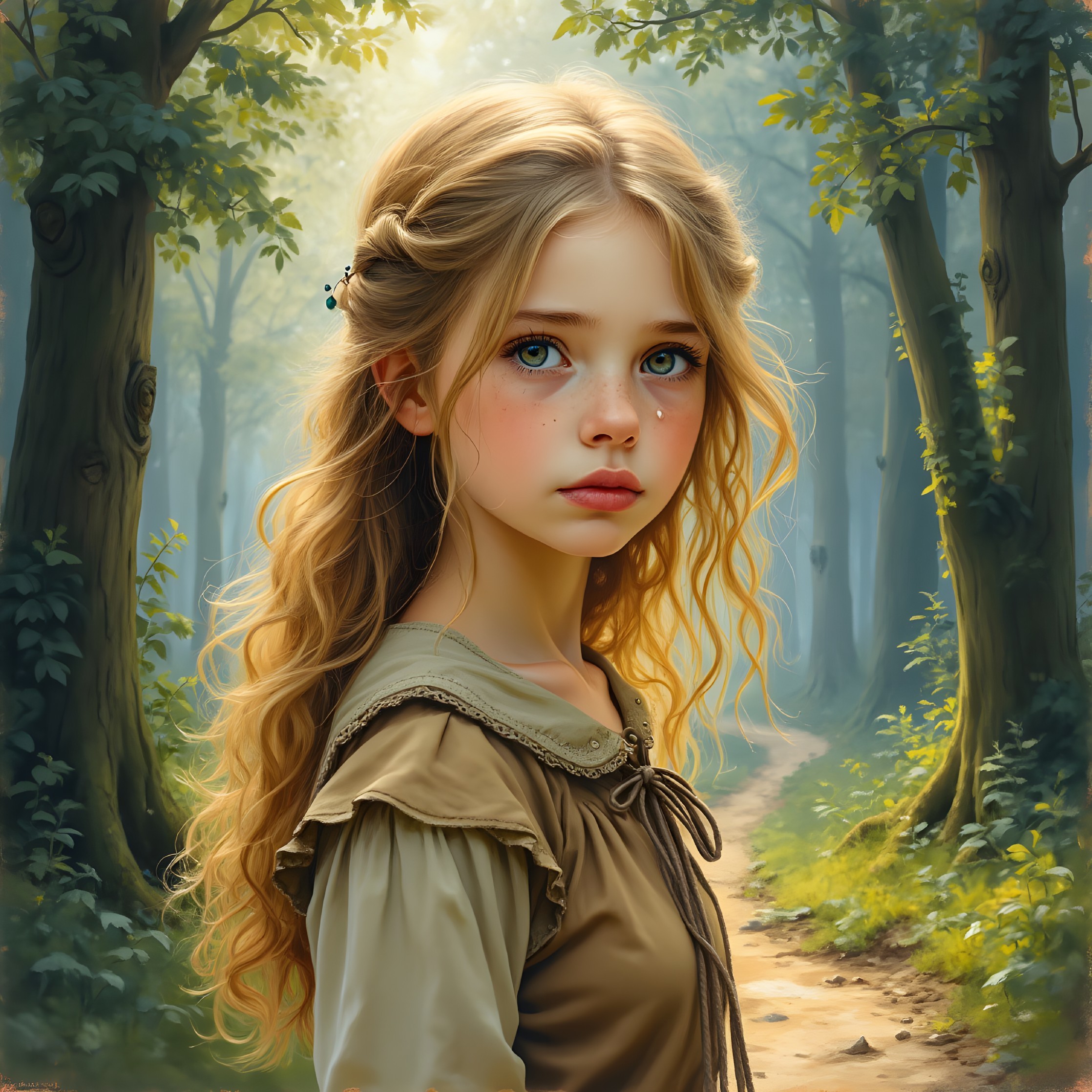 Young girl in serene forest with blonde hair and dress