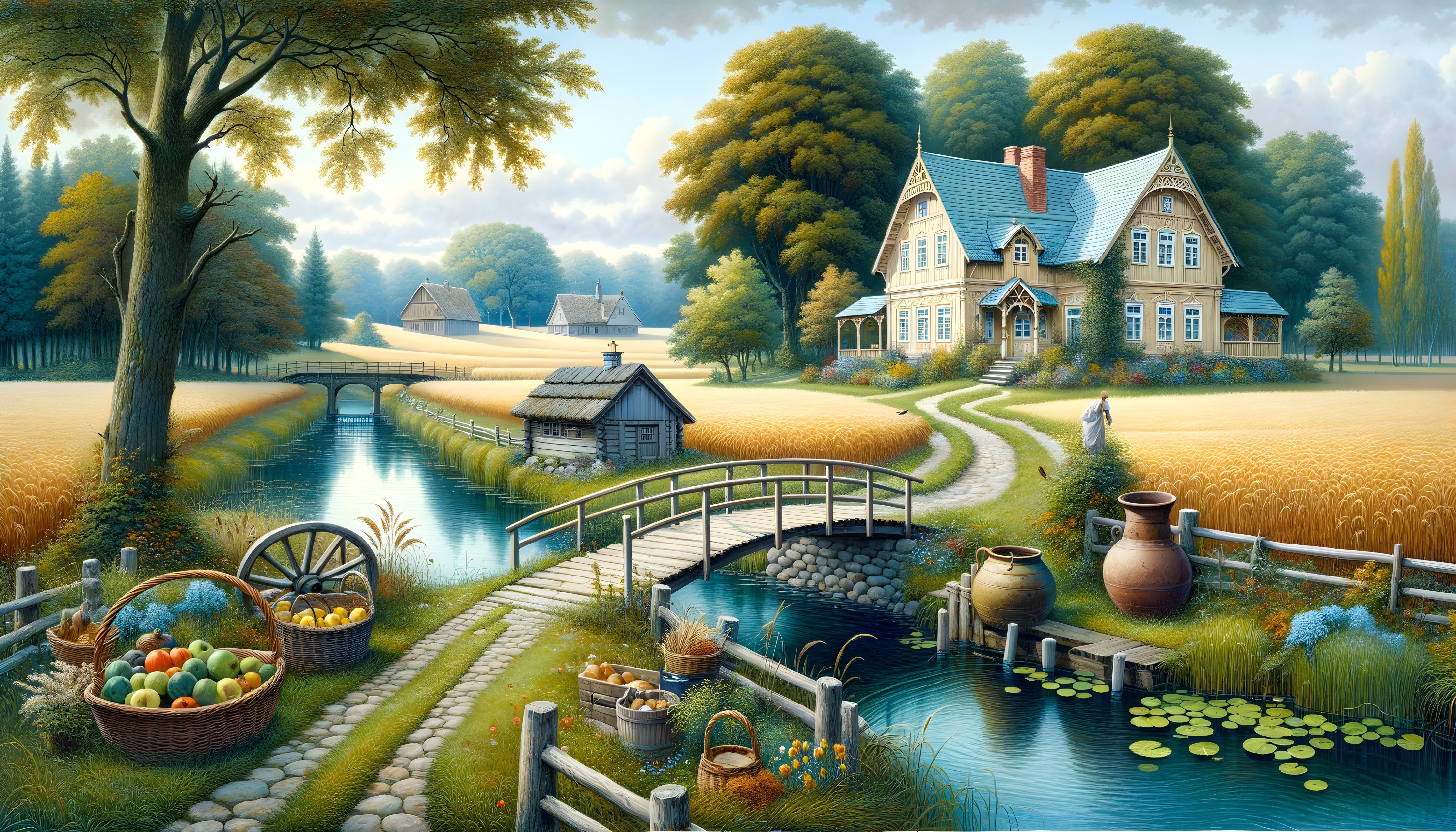 Serene Countryside Scene with Wooden House and Stream