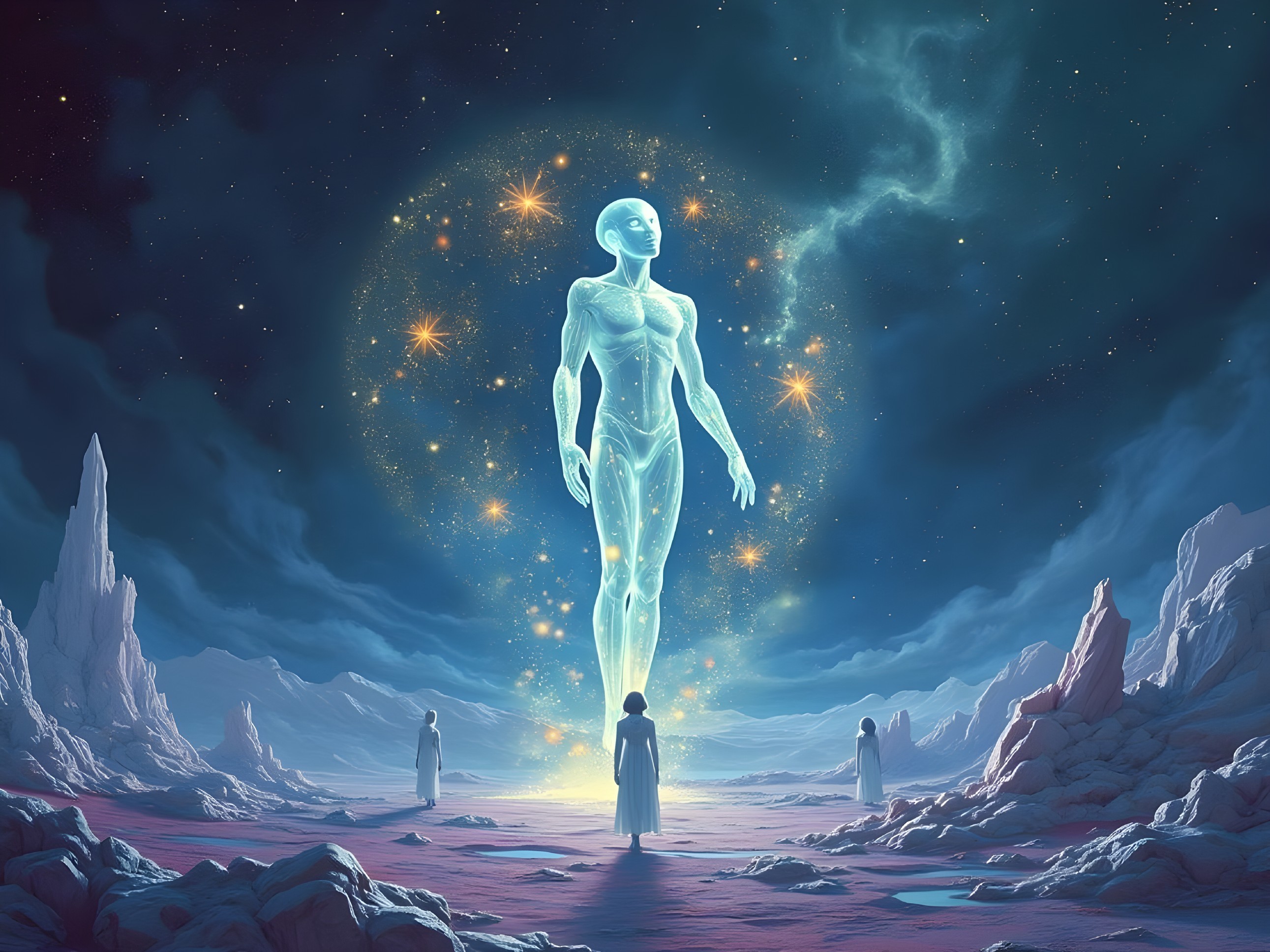 Ethereal Figure in a Cosmic Landscape with Silhouettes