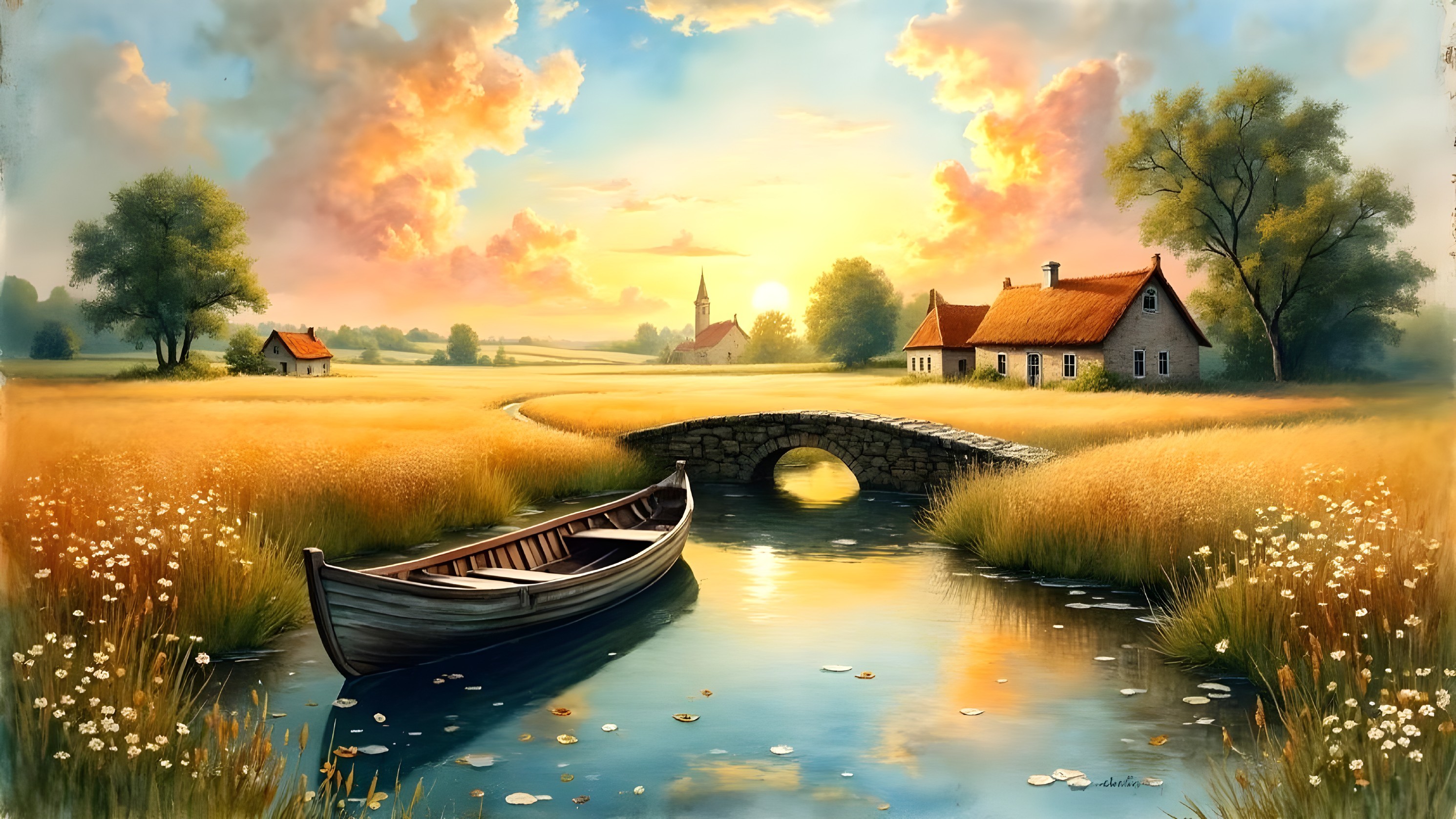 Serene Landscape with River, Fields, and Sunset Sky