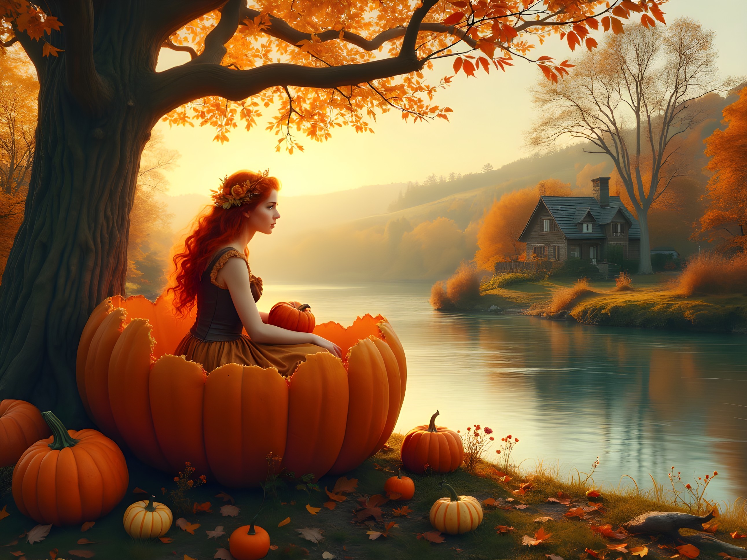 Autumn Scene with a Woman in a Pumpkin by a Lake