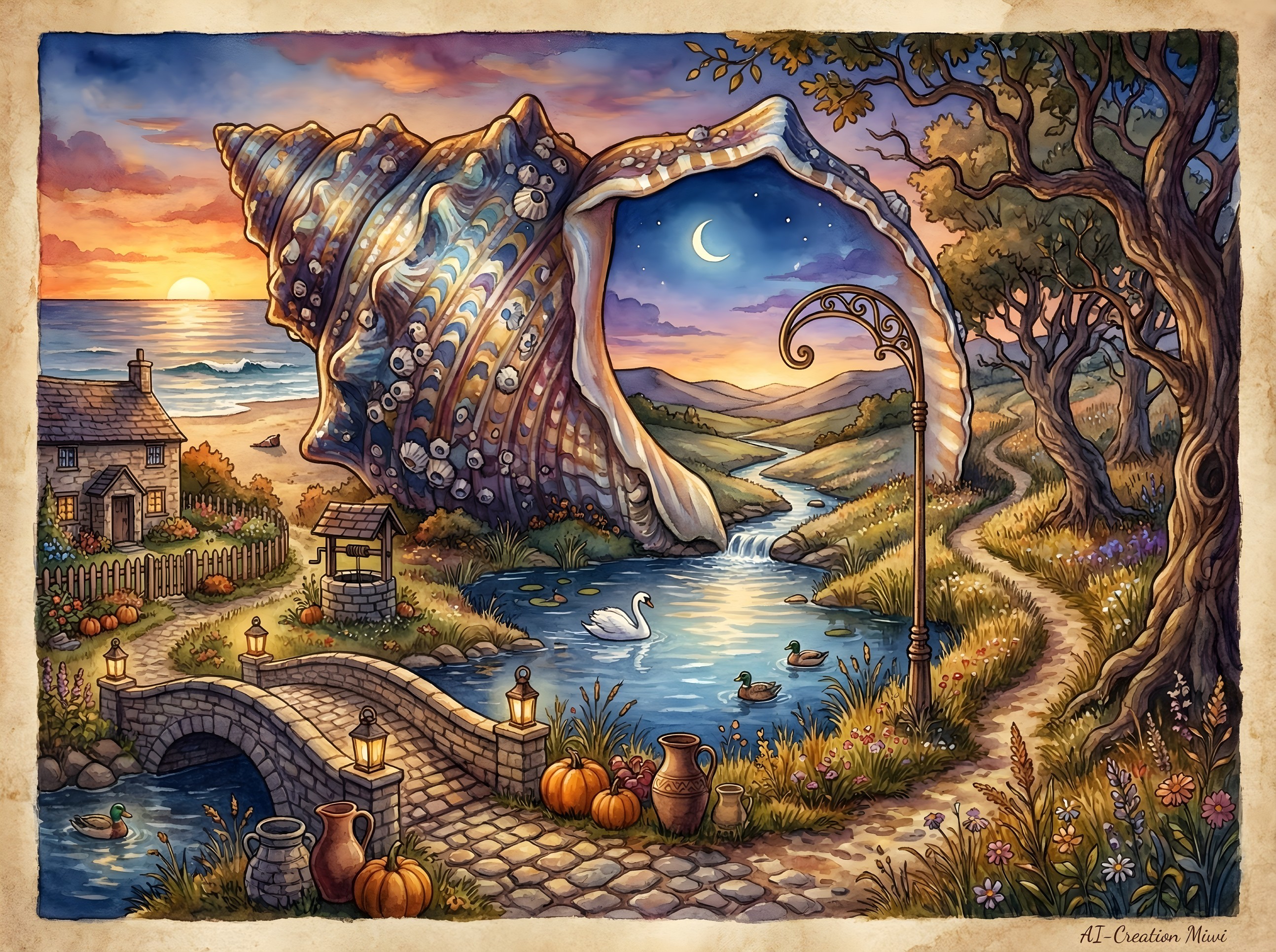 Watercolor Artwork Featuring Conch Shell Portal and Landscape