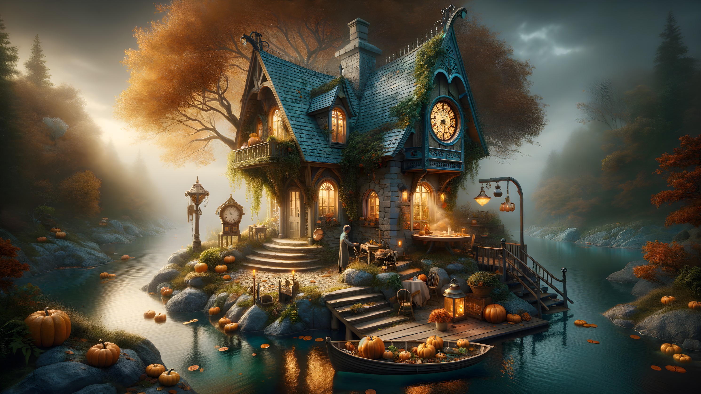 Whimsical Cottage on Tranquil Island in Autumn Foliage