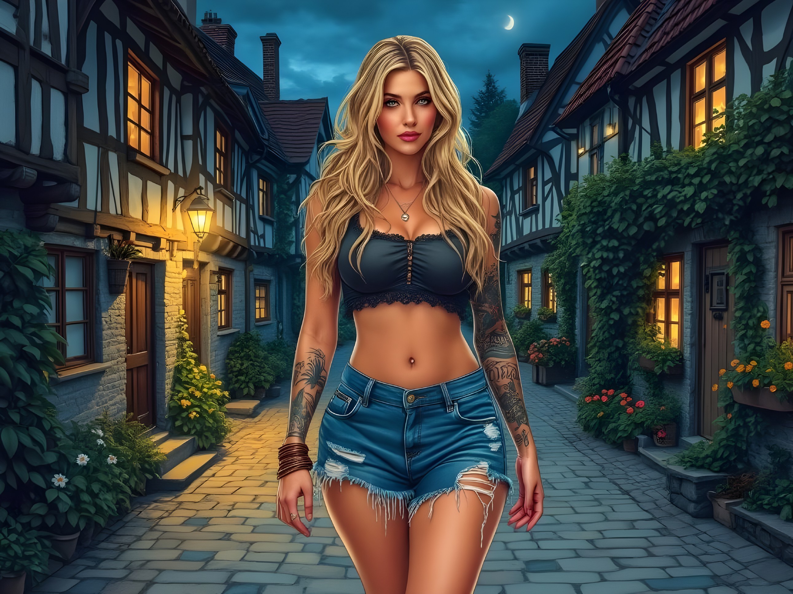 Young Woman in Cobblestone Street with Tudor Houses